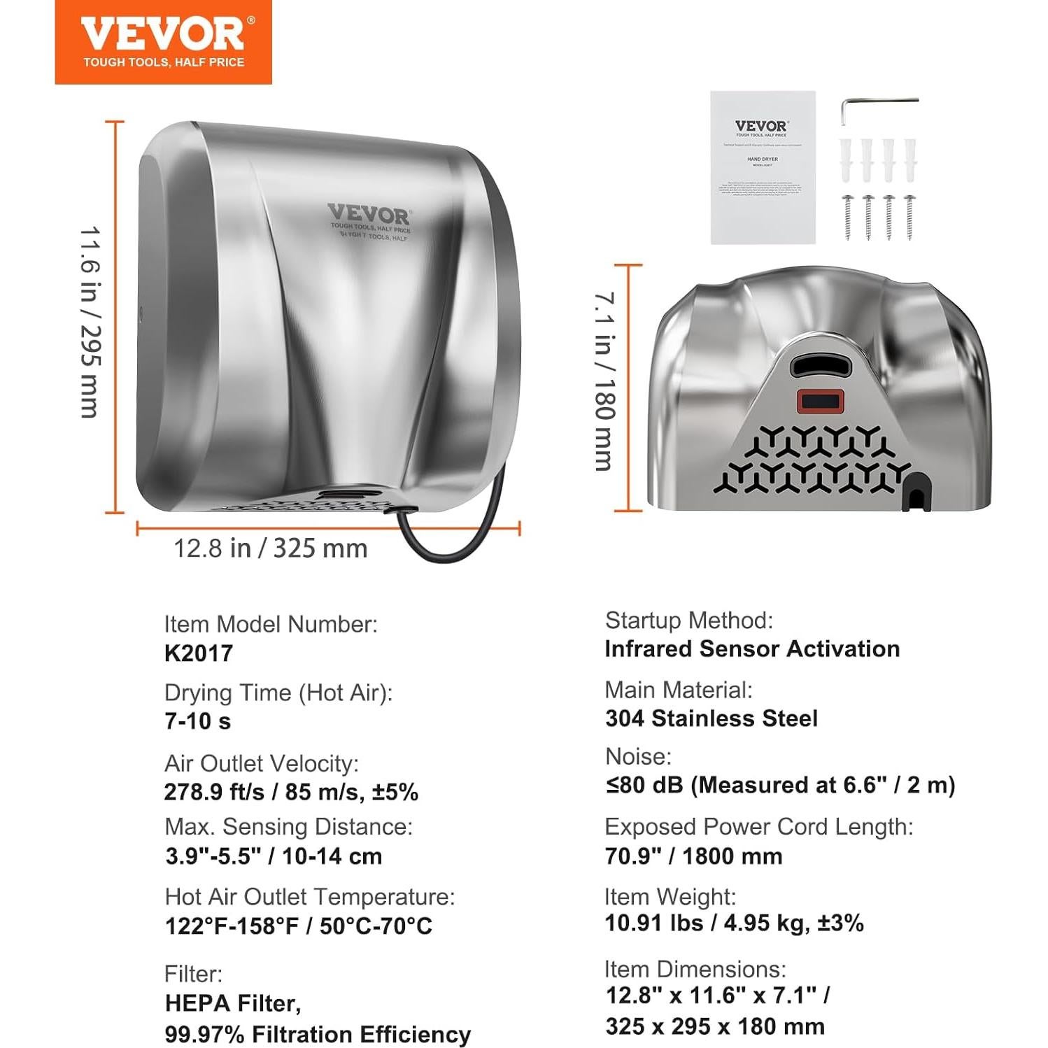 Secador de Manos VEVOR Acero Inoxidable 304 1300W Automático