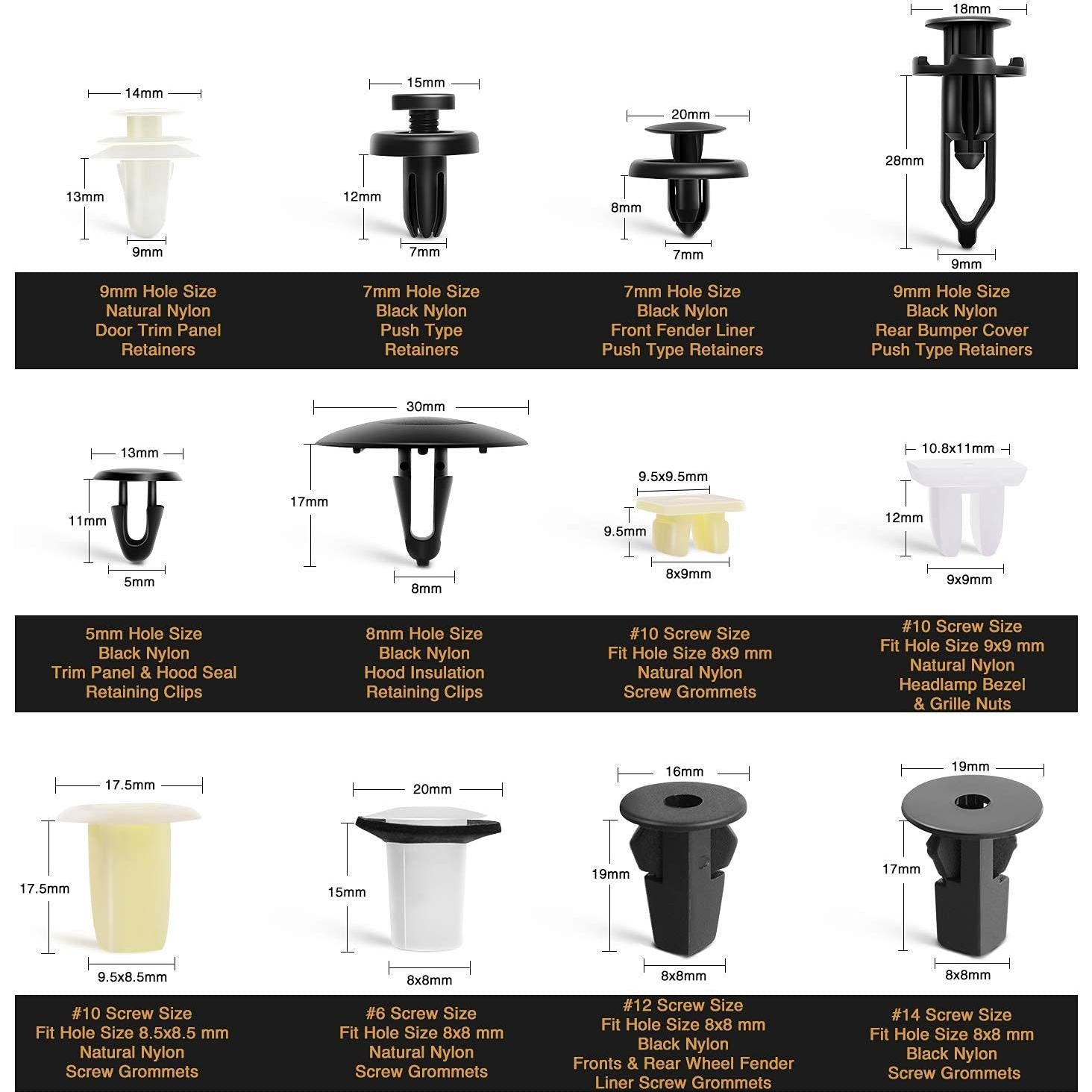 GOOACC 166 Pcs Clips de Retención y Grommets de Tornillo