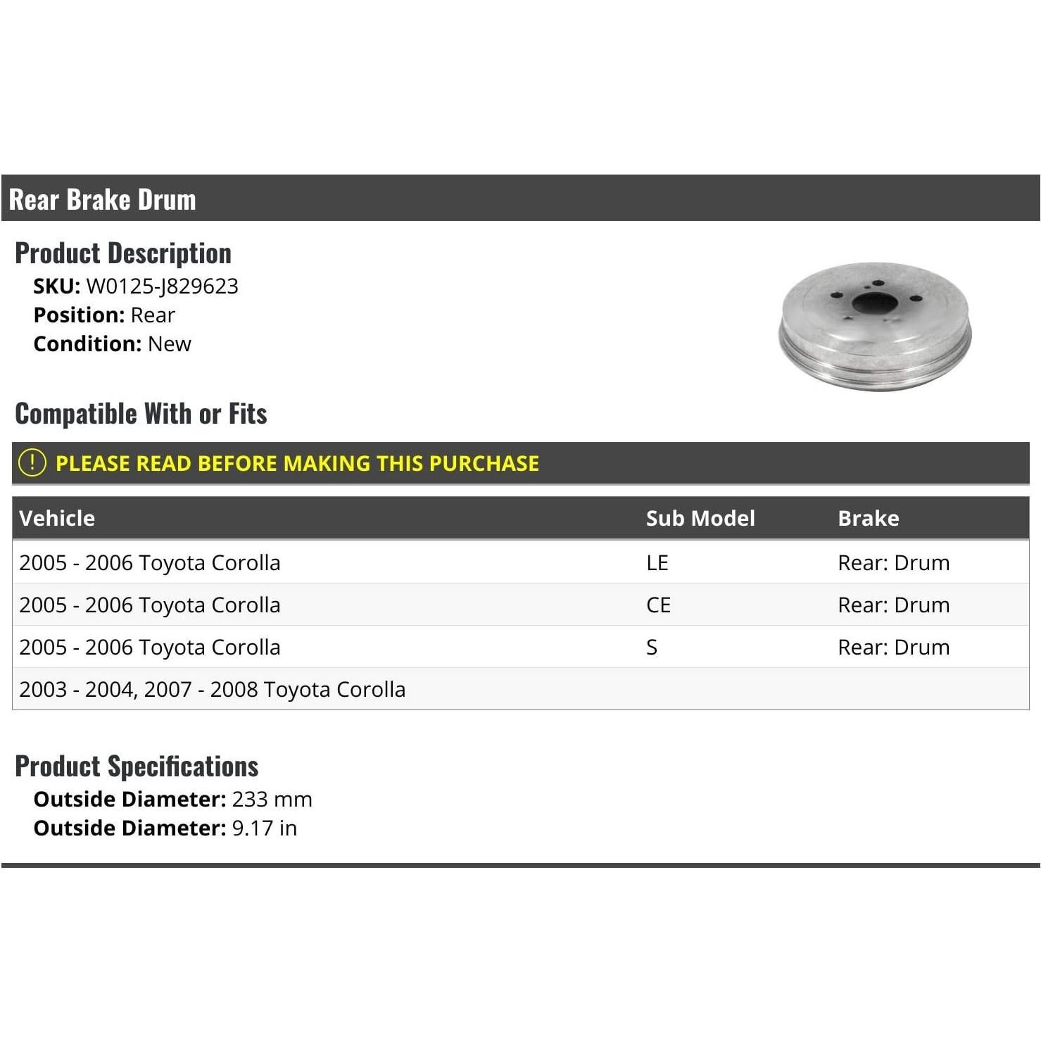 Tambor de Freno Trasero Marketplace Auto Parts Toyota Corolla 2003-2008 233mm