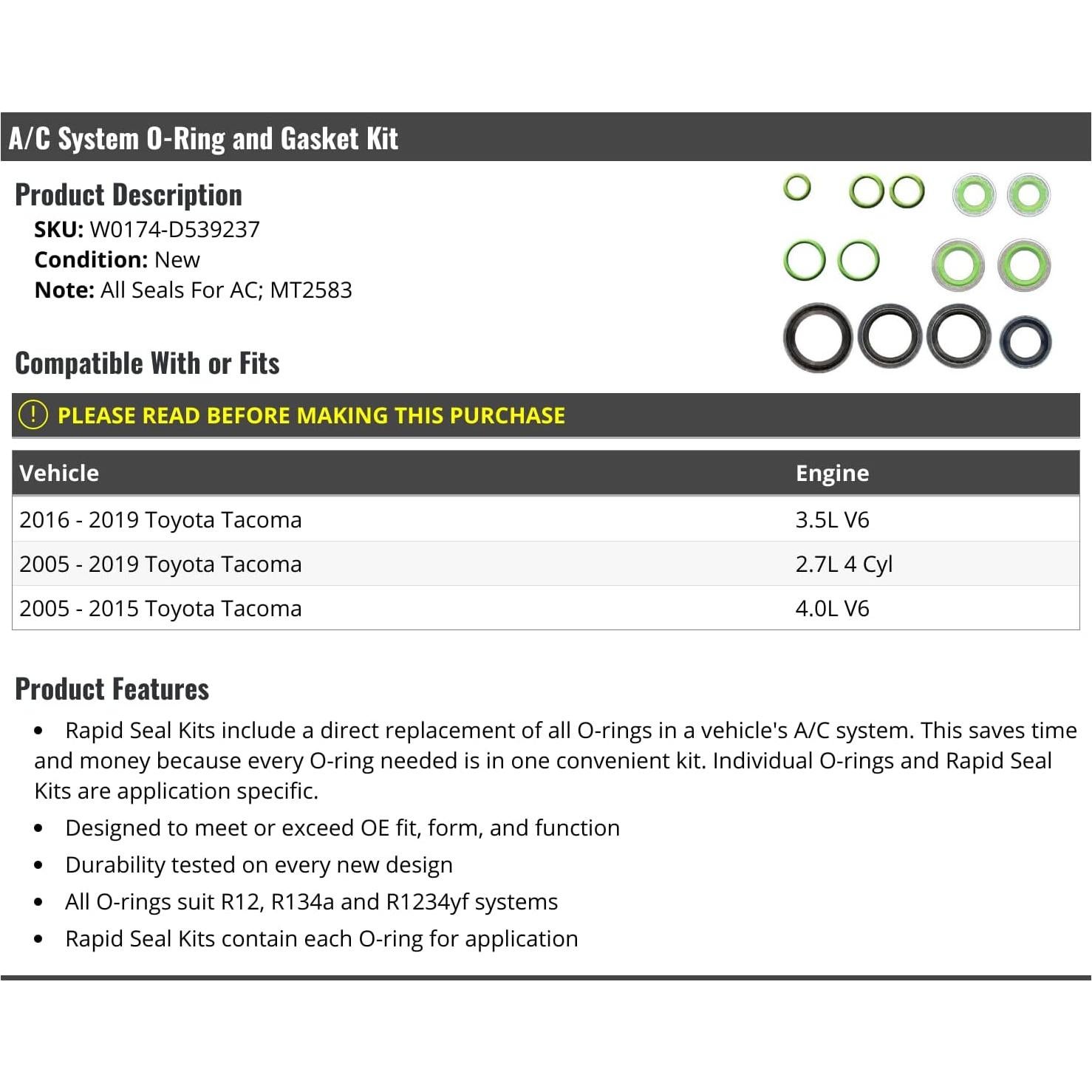 Kit O-Ring y Junta A/C Toyota Tacoma 2005-2019