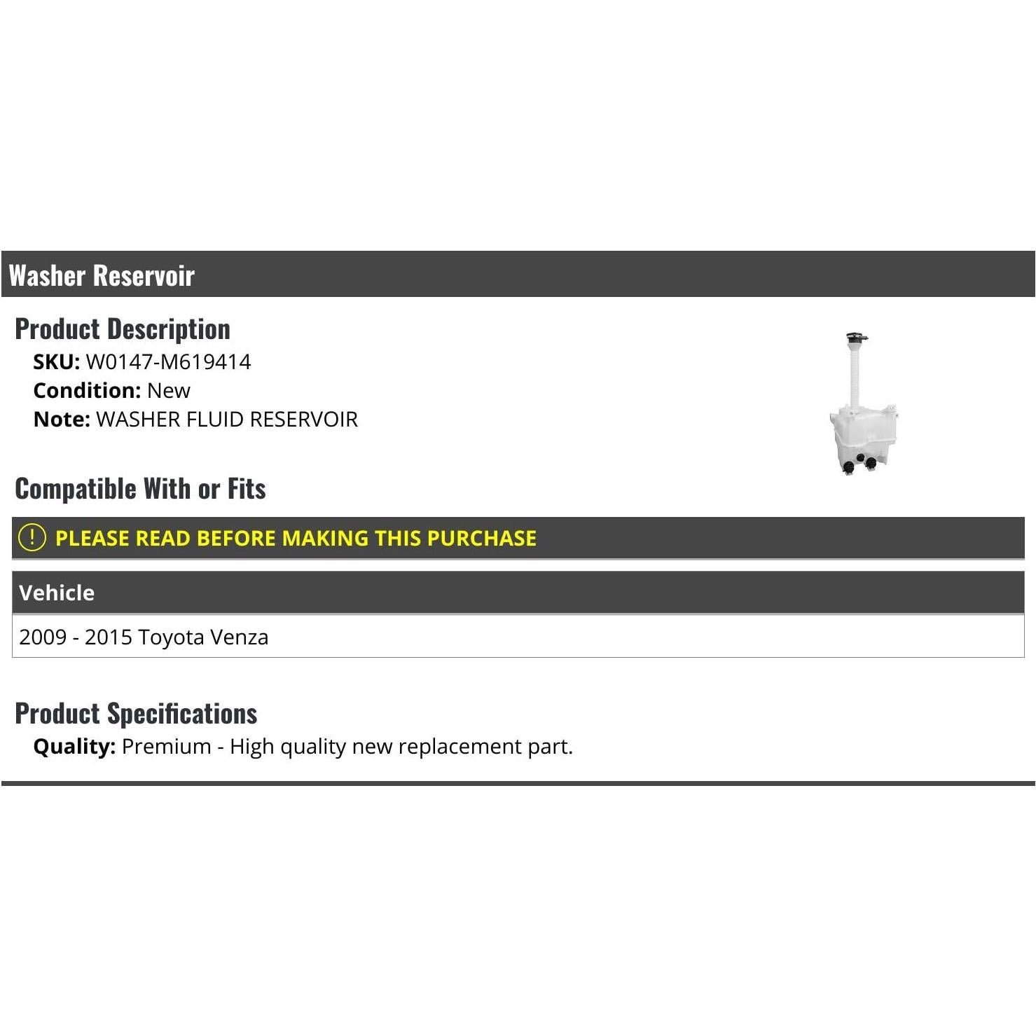 Tanque de Reservorio de Líquido Limpiaparabrisas Toyota Venza 2009-2015