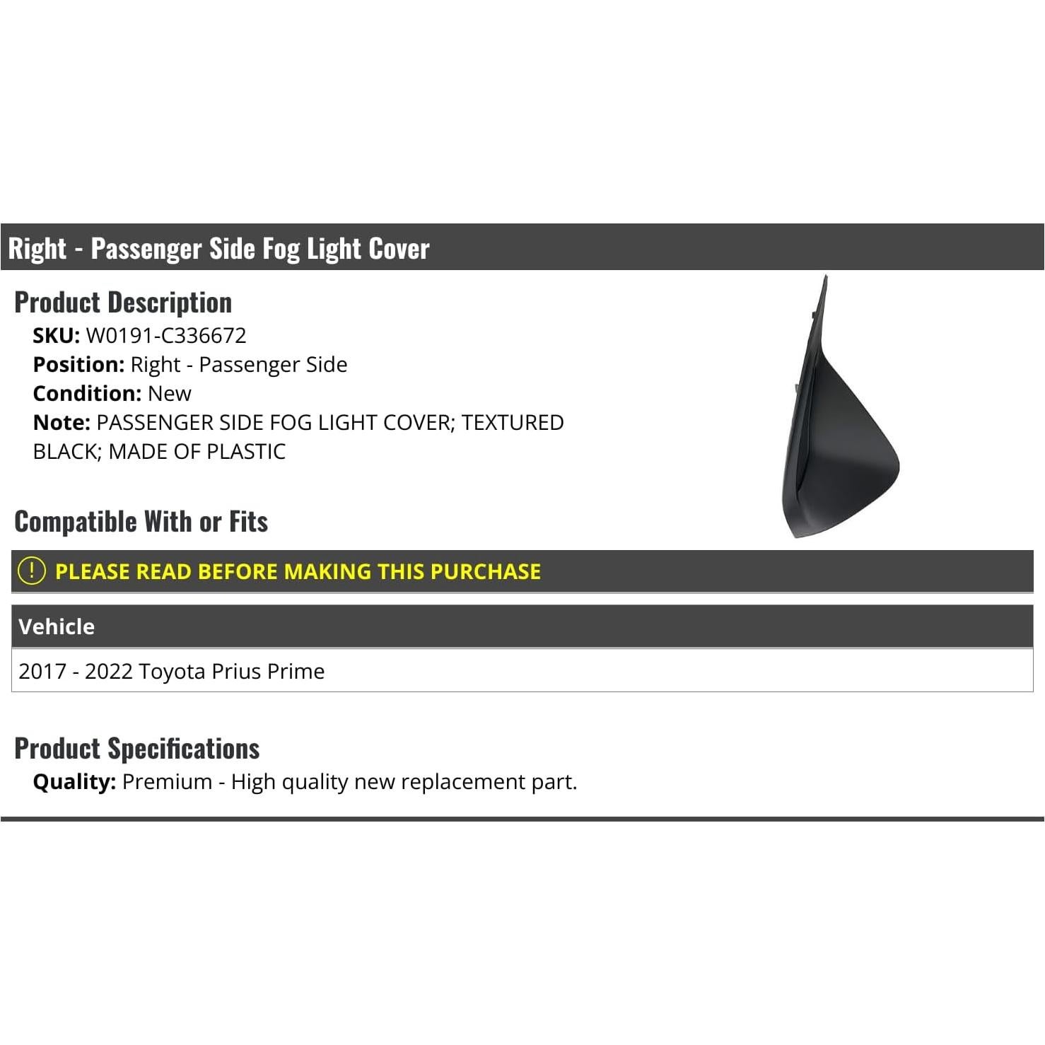 Cubierta Faro Antiniebla Derecho Toyota Prius Prime 2017-2022