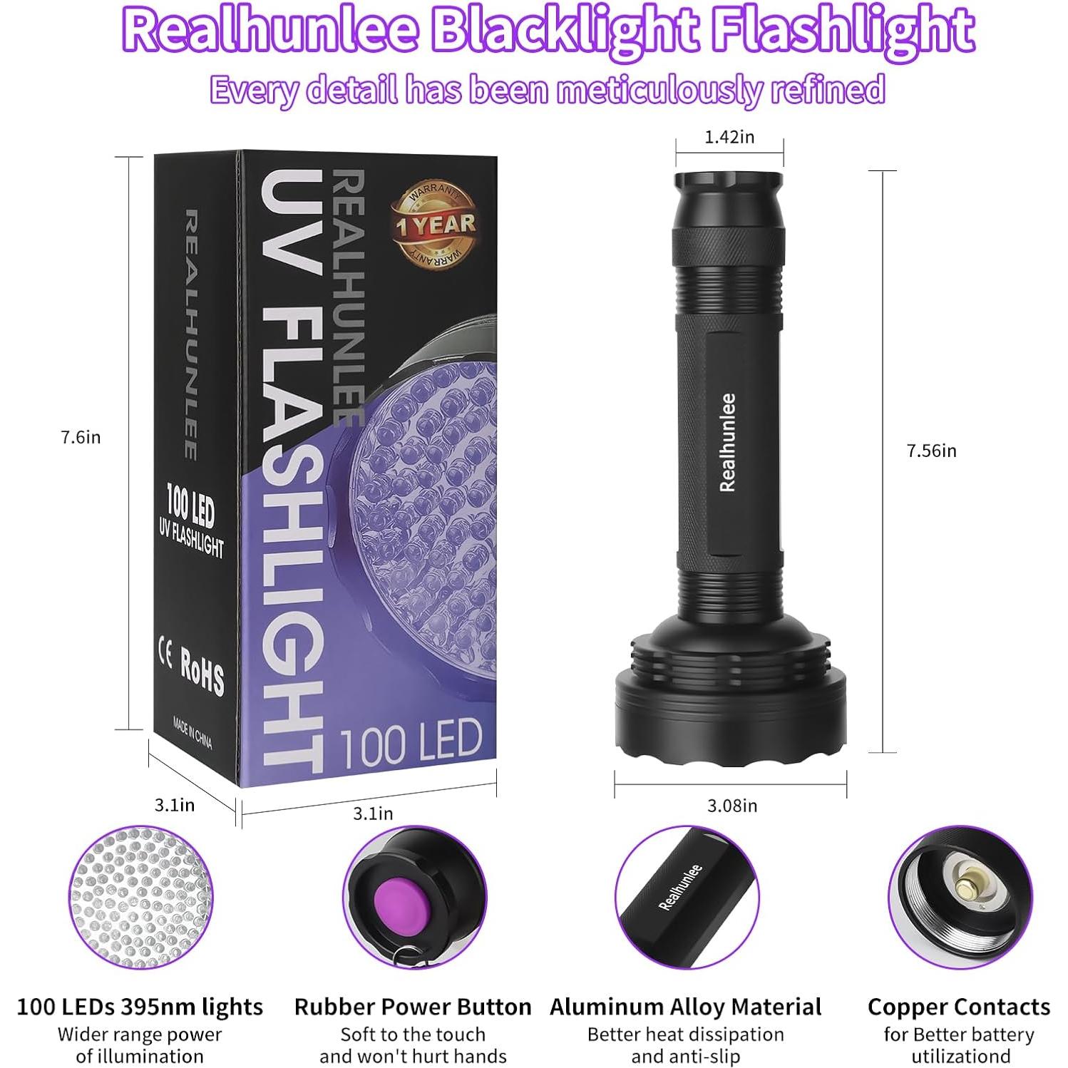 Linterna UV Luz Negra Realhunlee 100 LED 20h 200 Lúmenes