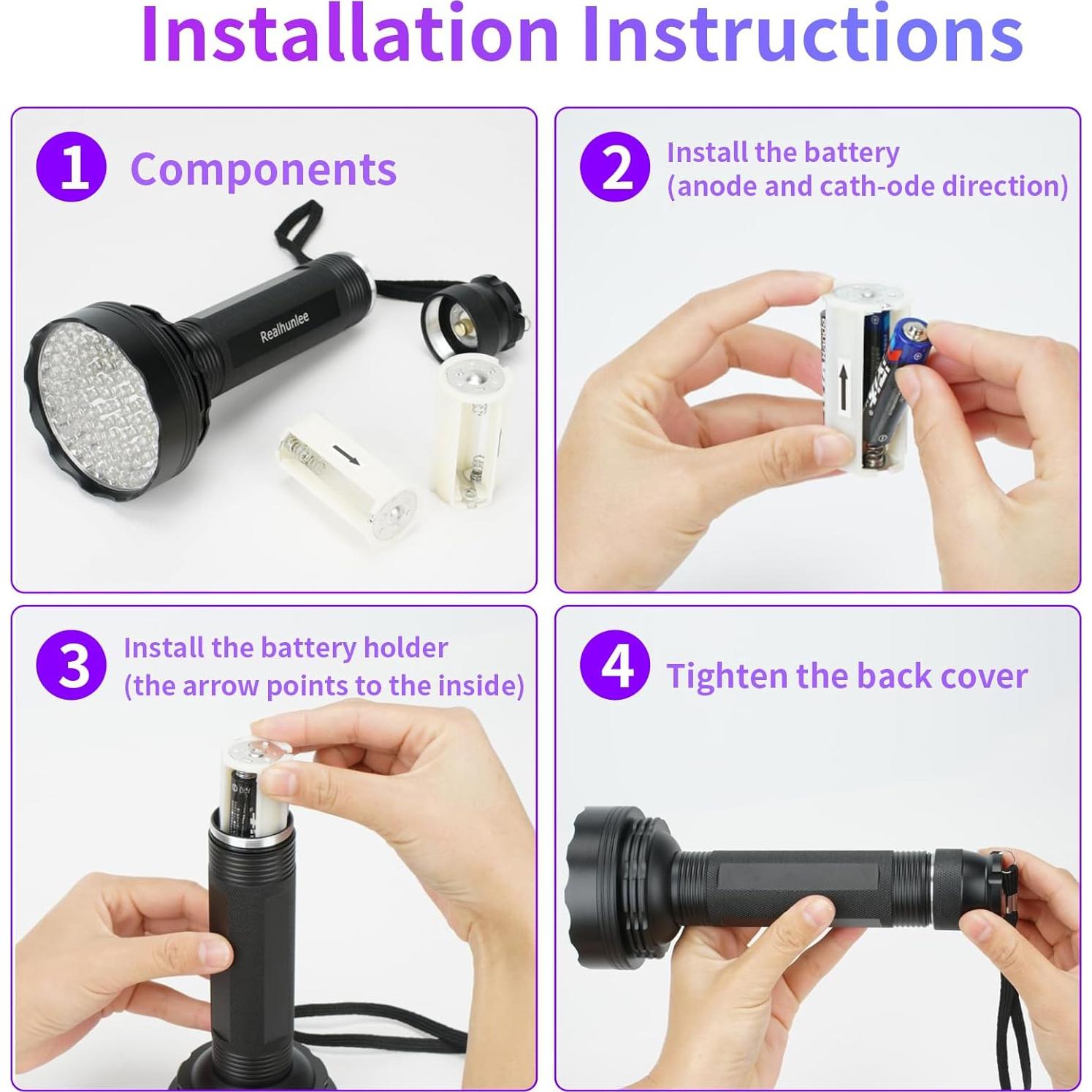 Linterna UV Luz Negra Realhunlee 100 LED 20h 200 Lúmenes