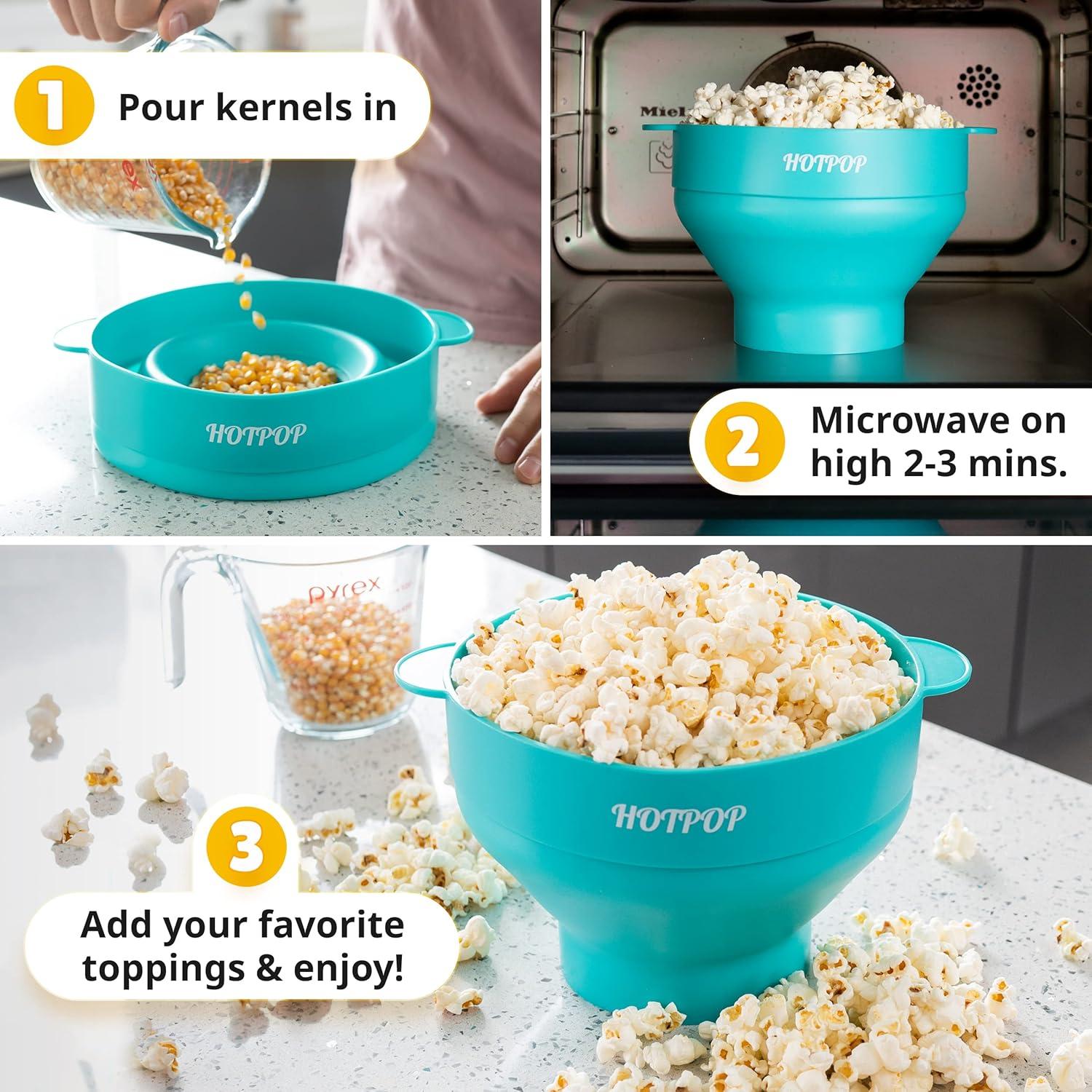 The Original Hotpop Microwave Popcorn Bowl Popper, Silicone Popcorn Maker, Collapsible Bowl and Dishwasher Safe- 20 Colors Available (Cyan)