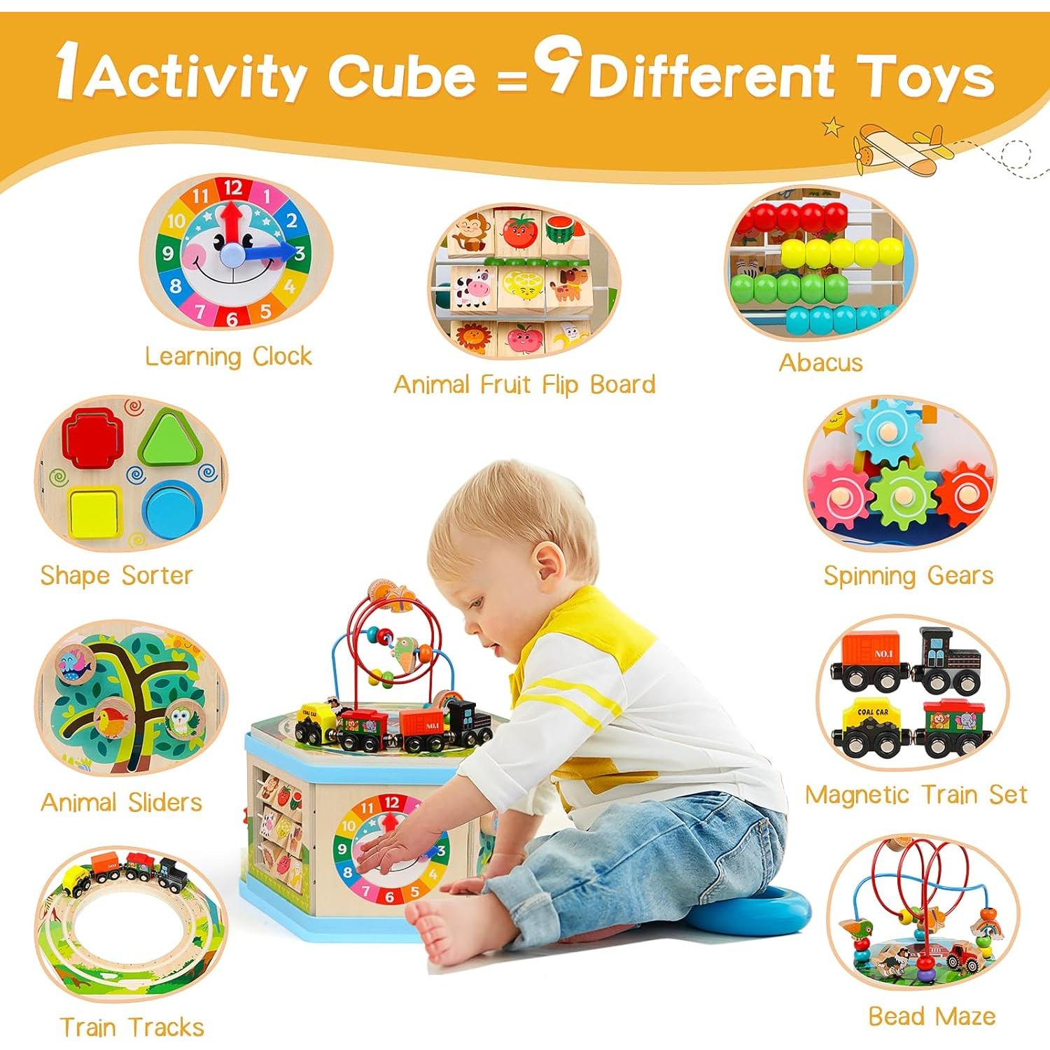 Cubo de Actividad de Madera FOPNETS 9-en-1 Juguete Educativo