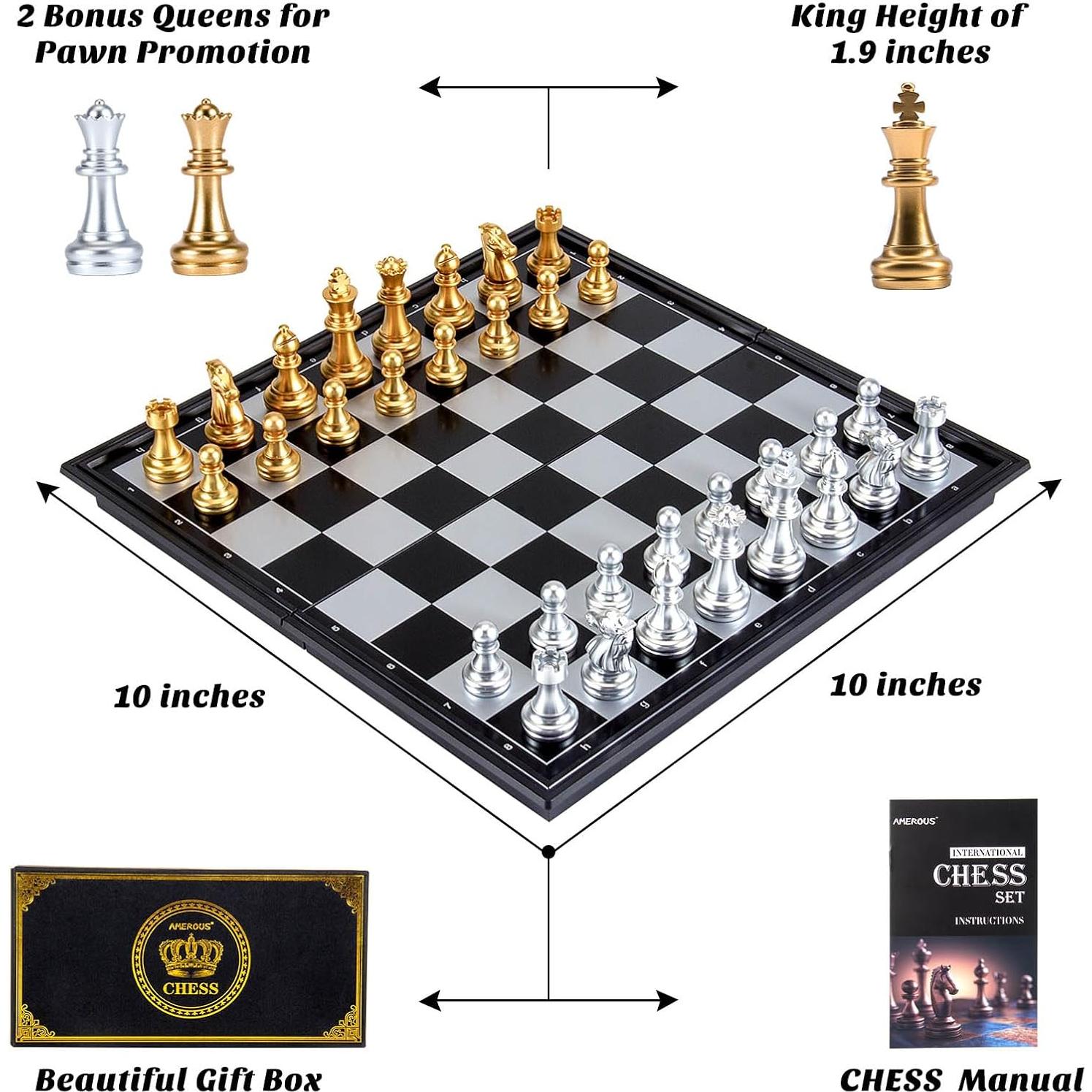 Juego de Ajedrez Magnético AMEROUS 24.89 cm Plegable con 2 Reinas