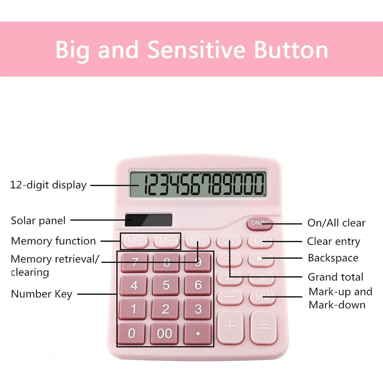 Calculadora de Oficina Podokas 12 Dígitos Rosa LCD Grande