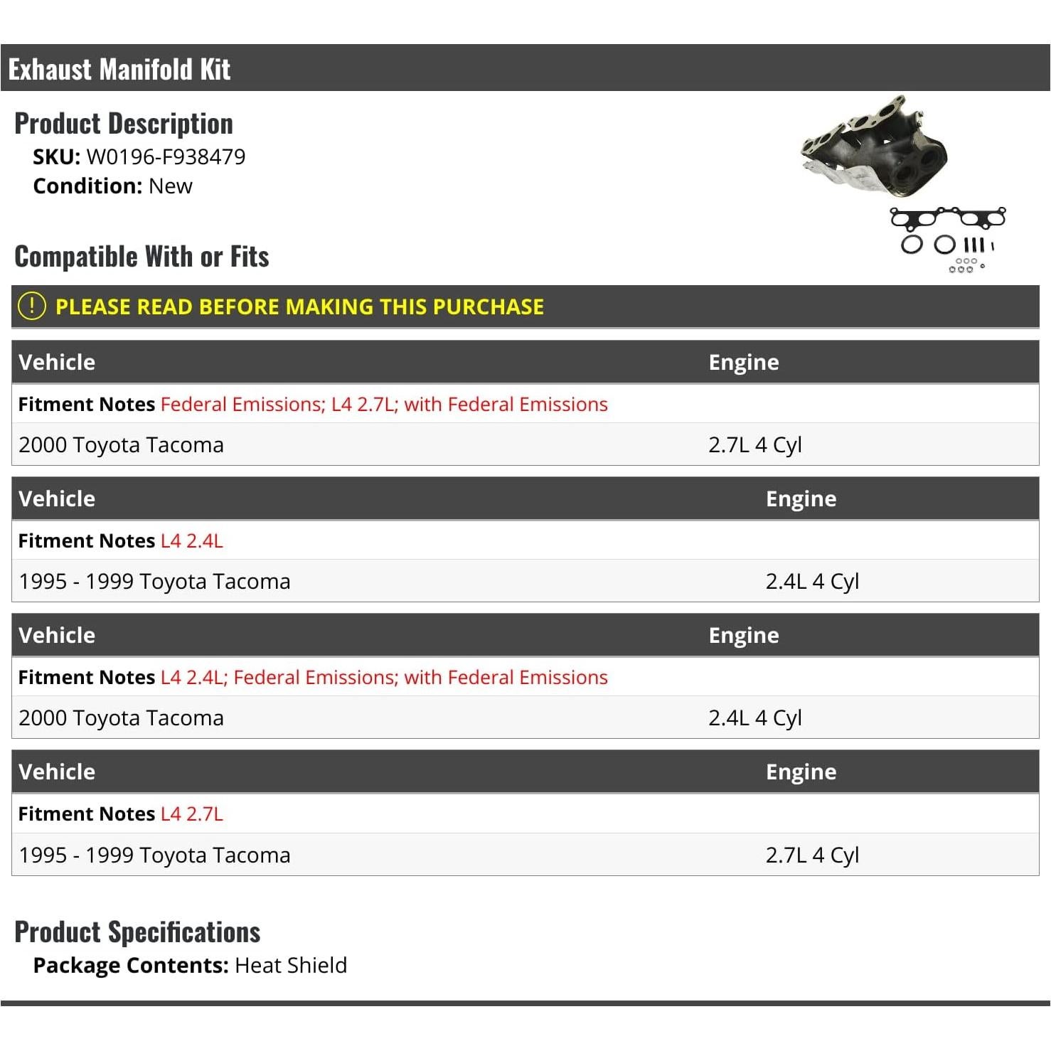 Kit Colector de Escape Marketplace Auto Parts Toyota Tacoma