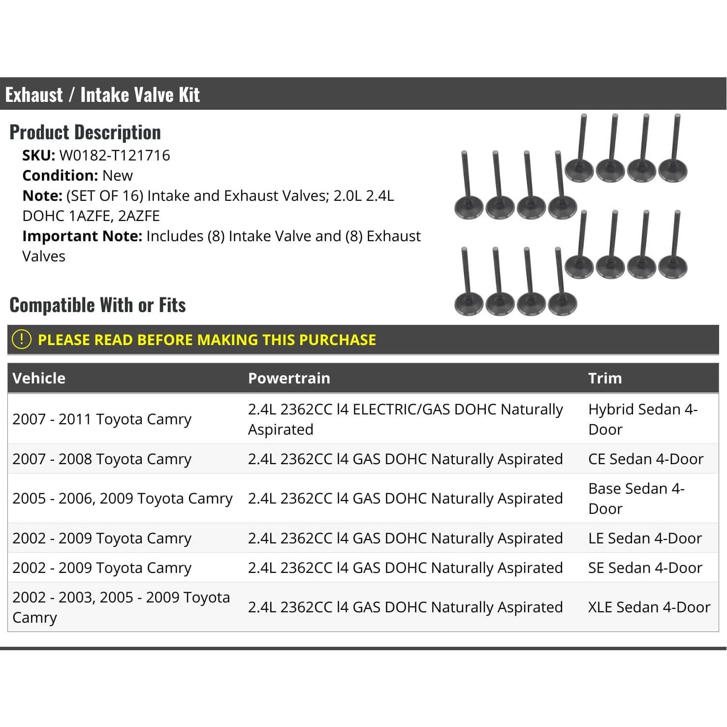Kit de Válvulas de Escape y Admisión Toyota Camry 2.4L 16 Piezas