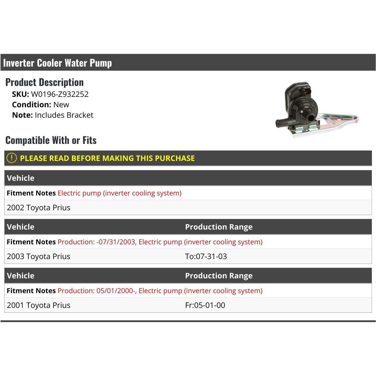 Bomba de agua enfriador inversor Toyota Prius 2001-2003