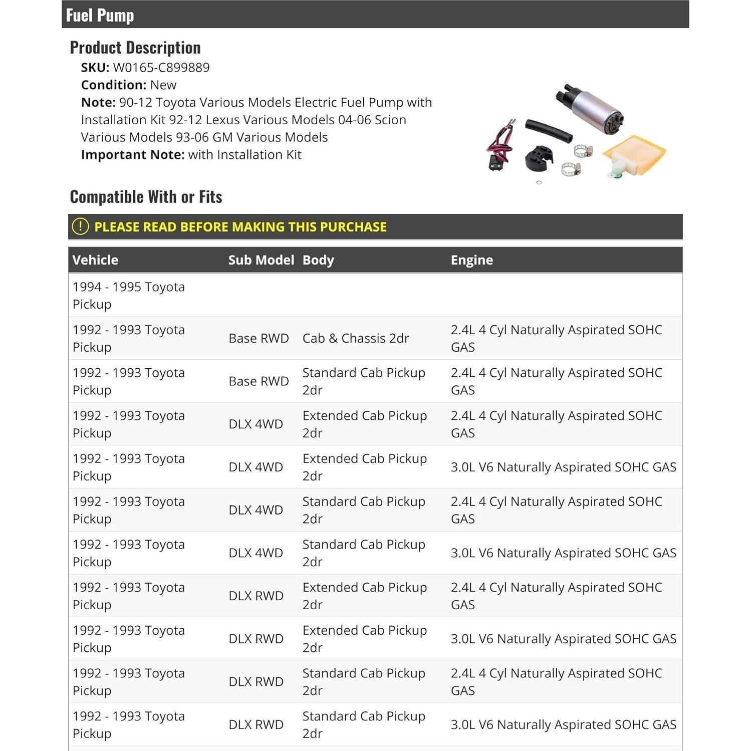 Bomba de combustible eléctrica Toyota Pickup 1992-1995