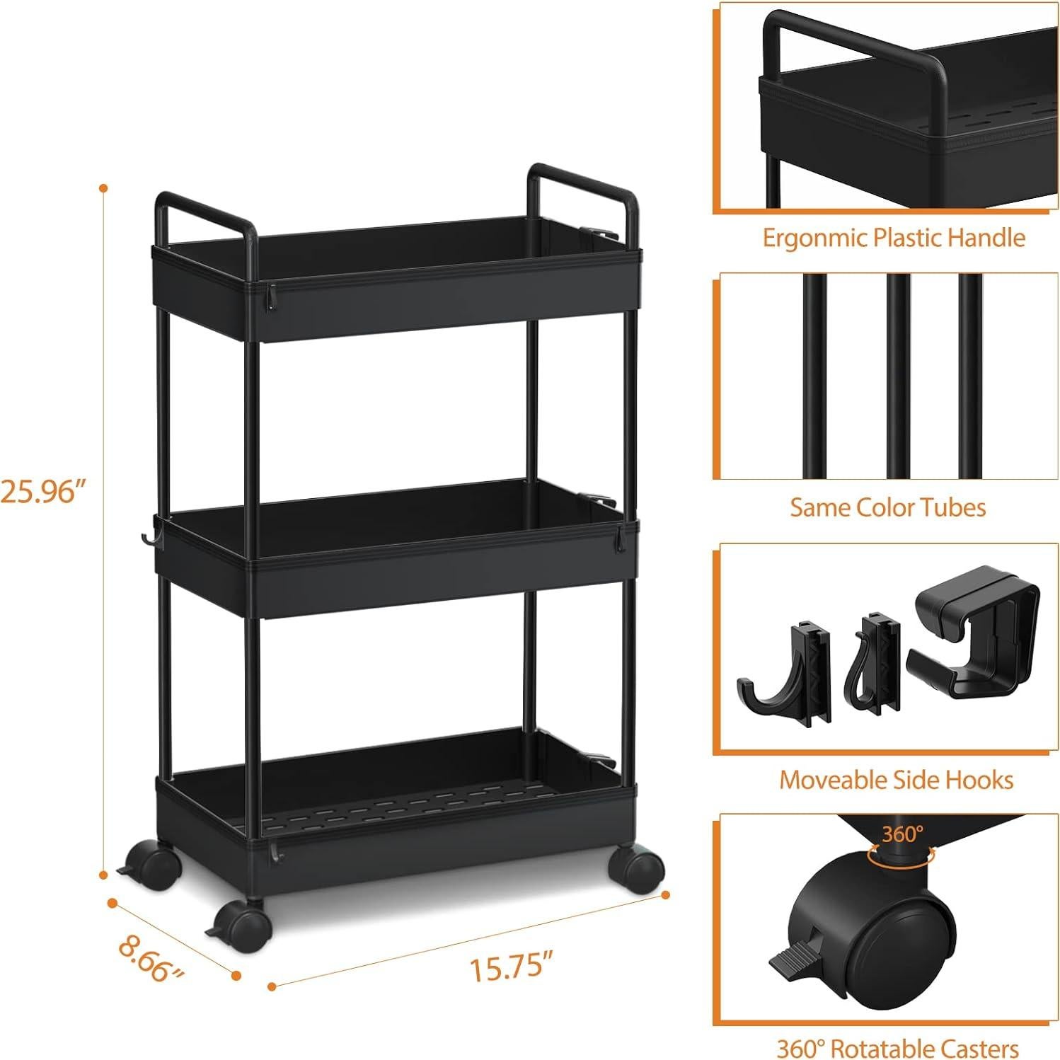 Carro de Almacenamiento Rodante Ronlap 3 Niveles Negro