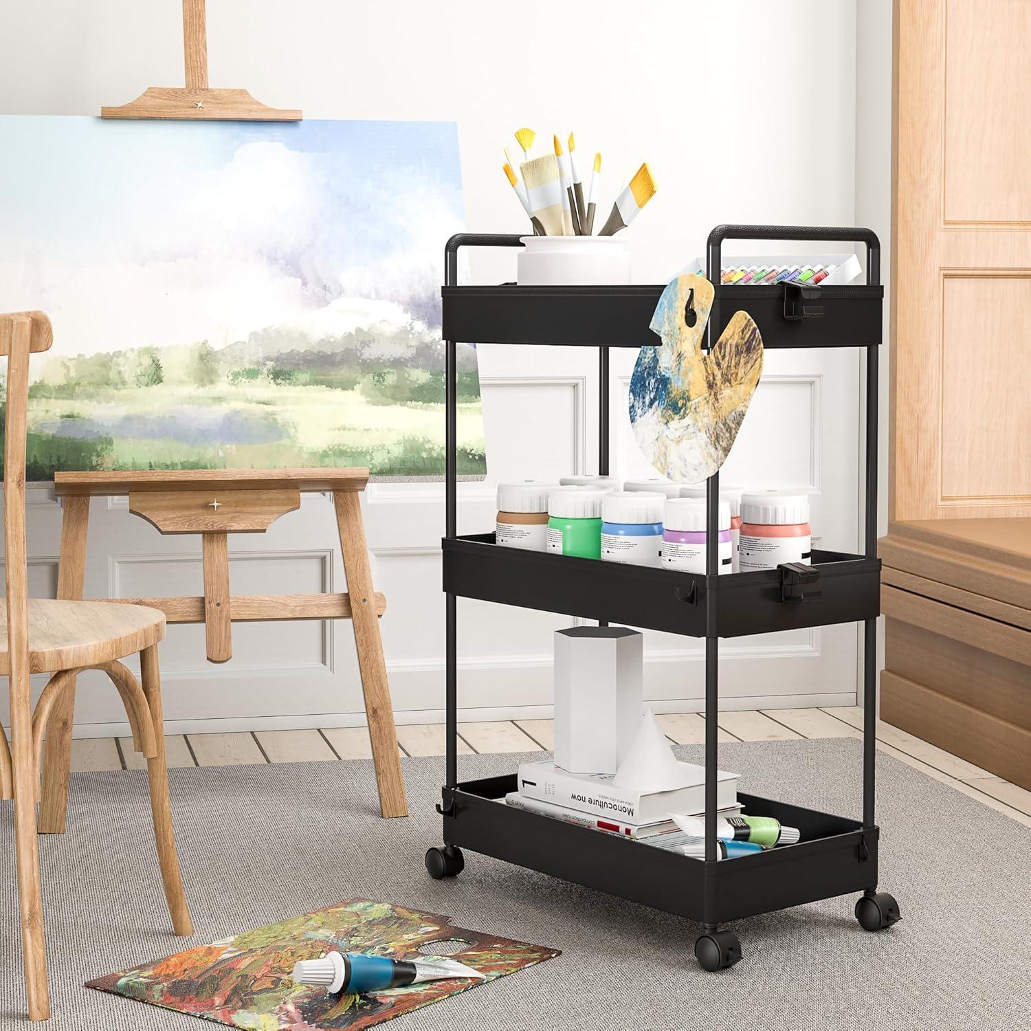 Carro de Almacenamiento Rodante Ronlap 3 Niveles Negro