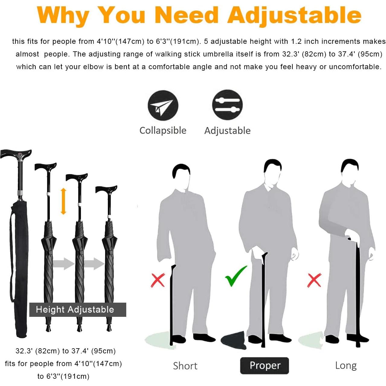 Paraguas Bastón Wrzbest Ajustable Altura Negro 0.54 kg