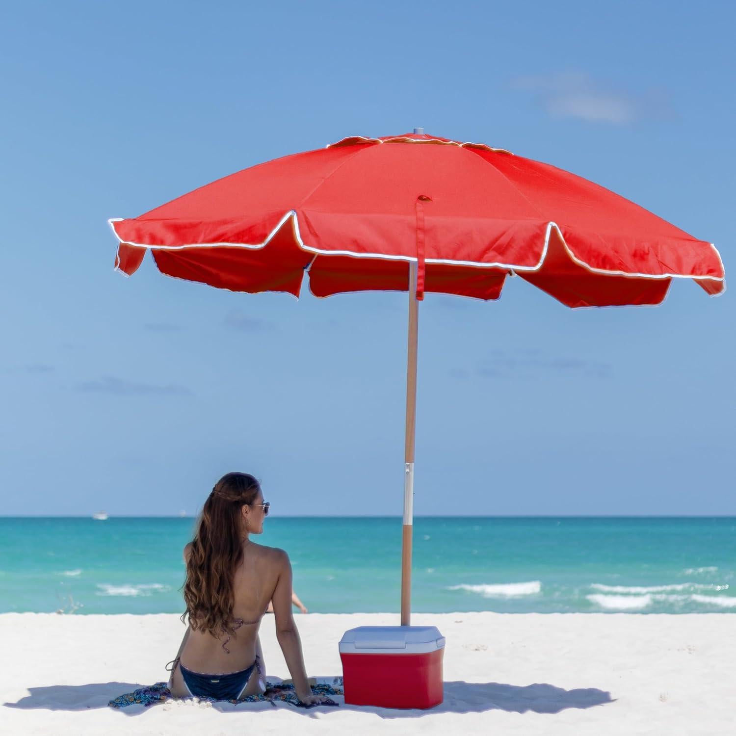 Paraguas de Playa AMMSUN 230cm Rojo UPF50+ Resistente al Viento