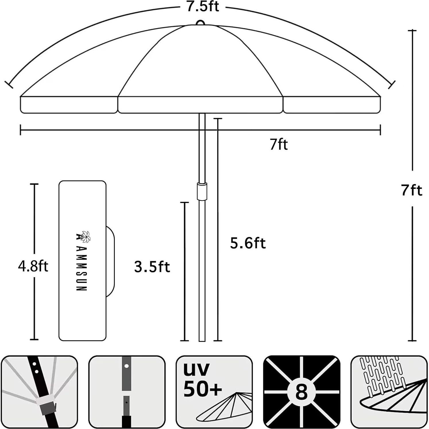 Paraguas de Playa AMMSUN 230cm Rojo UPF50+ Resistente al Viento