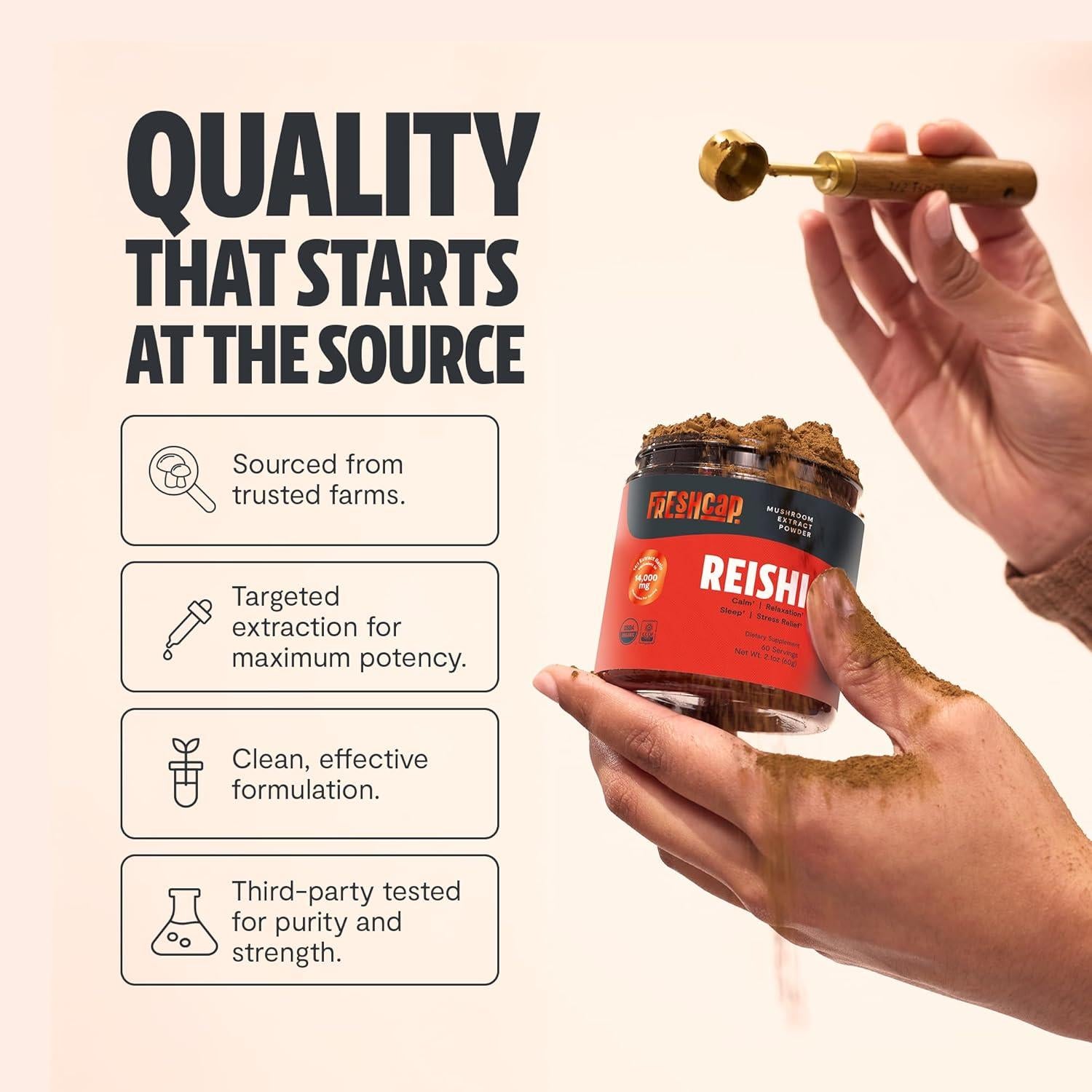 FreshCap Polvo de Hongo Reishi Orgánico 14,000mg - 60 Porciones