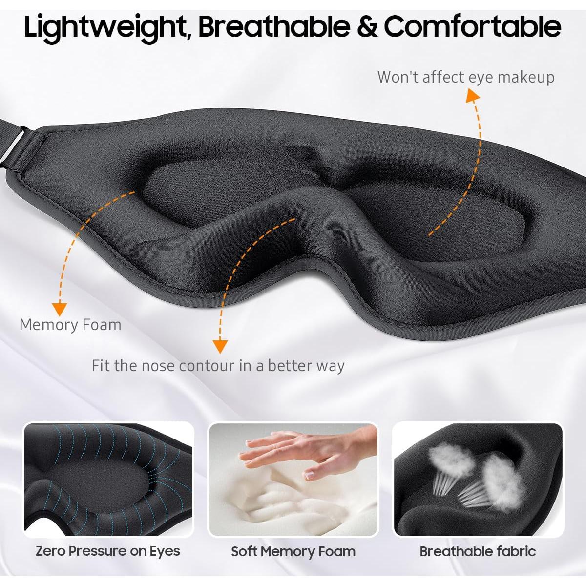 Máscara para dormir BeHoomi negra 3D ajustable blackout total