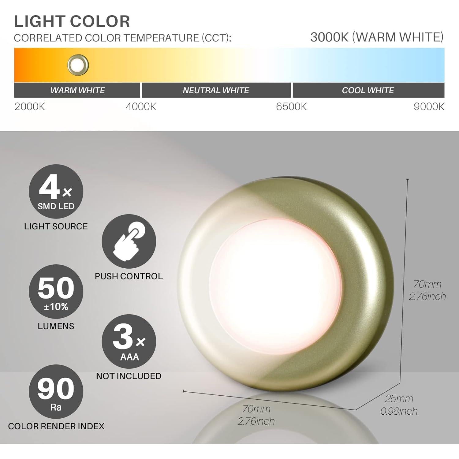 Luces Táctiles Adhesivas LED 5 Pack 7 cm Dorado/Blanco Cálido