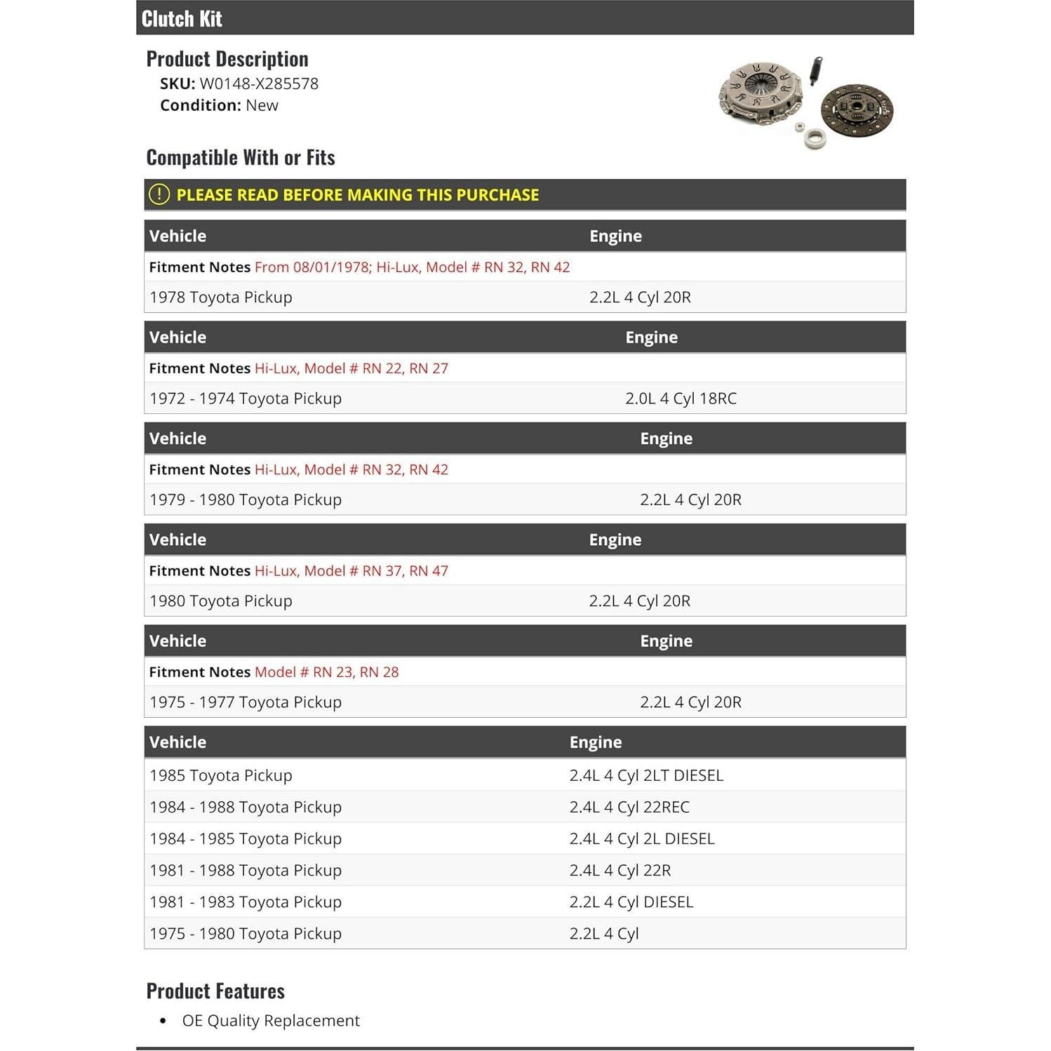 Kit de Embrague Marketplace Auto Parts para Toyota Pickup 72-88