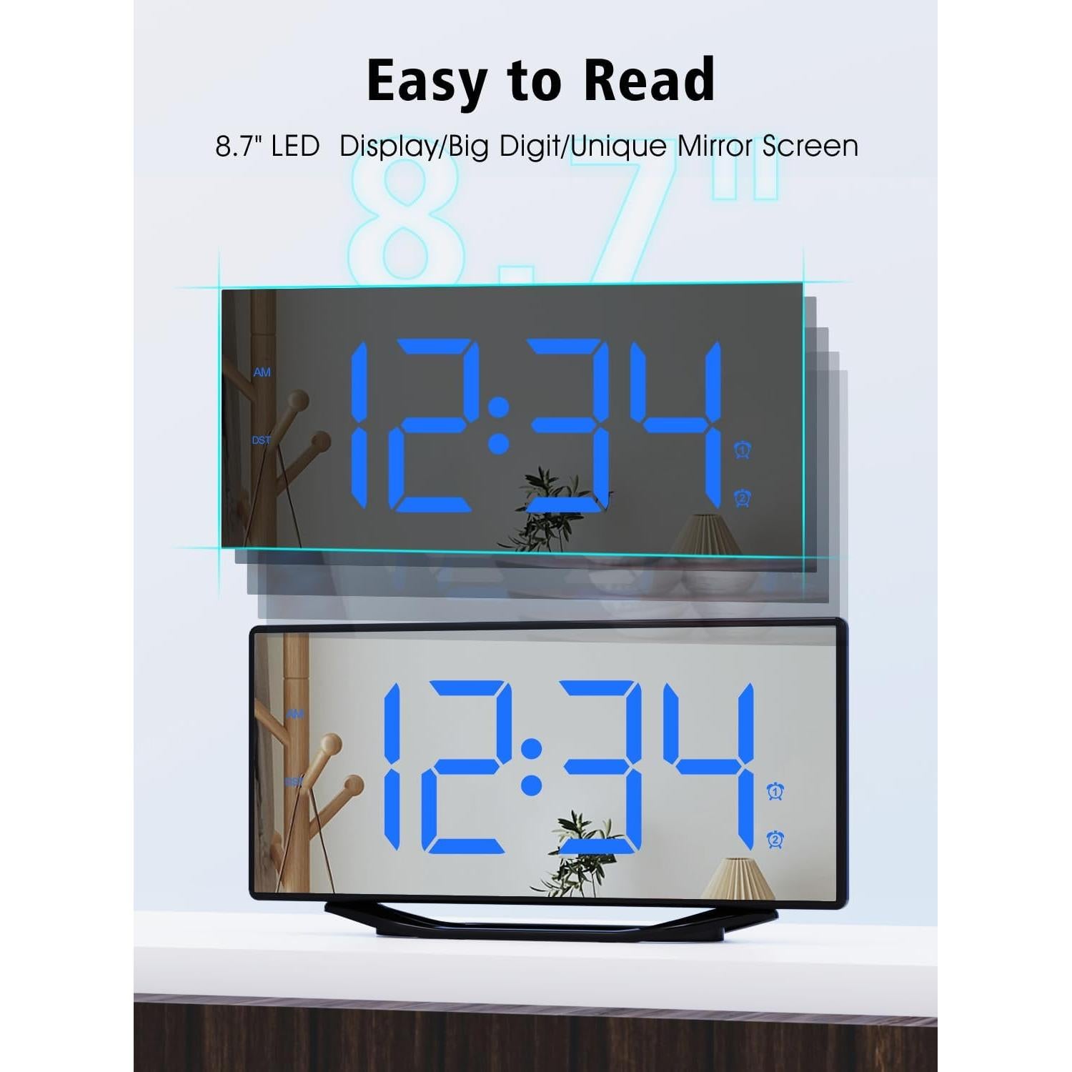 Reloj Despertador Digital PPLEE Espejo 22 cm 2 Alarmas USB