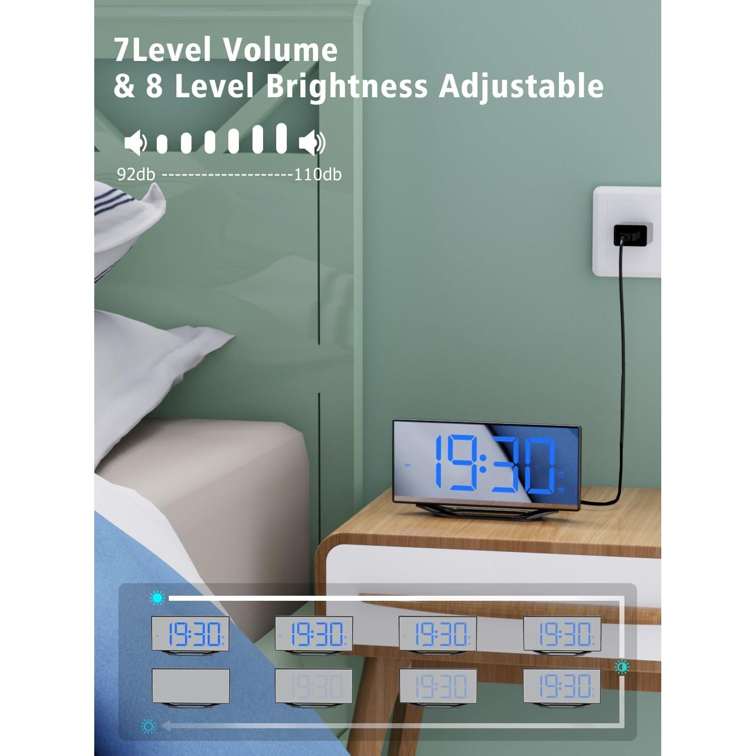 Reloj Despertador Digital PPLEE Espejo 22 cm 2 Alarmas USB