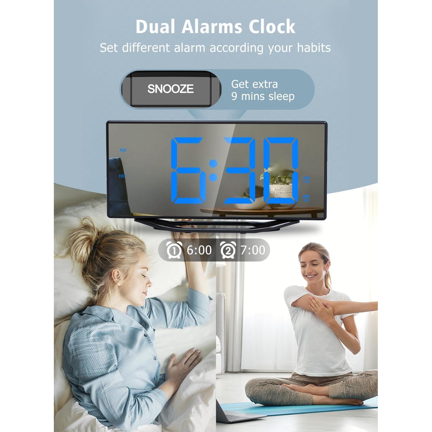 Reloj Despertador Digital PPLEE Espejo 22 cm 2 Alarmas USB