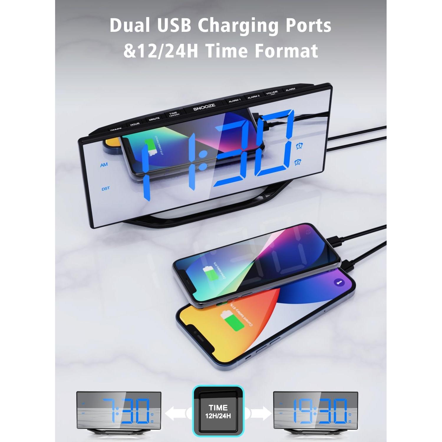 Reloj Despertador Digital PPLEE Espejo 22 cm 2 Alarmas USB