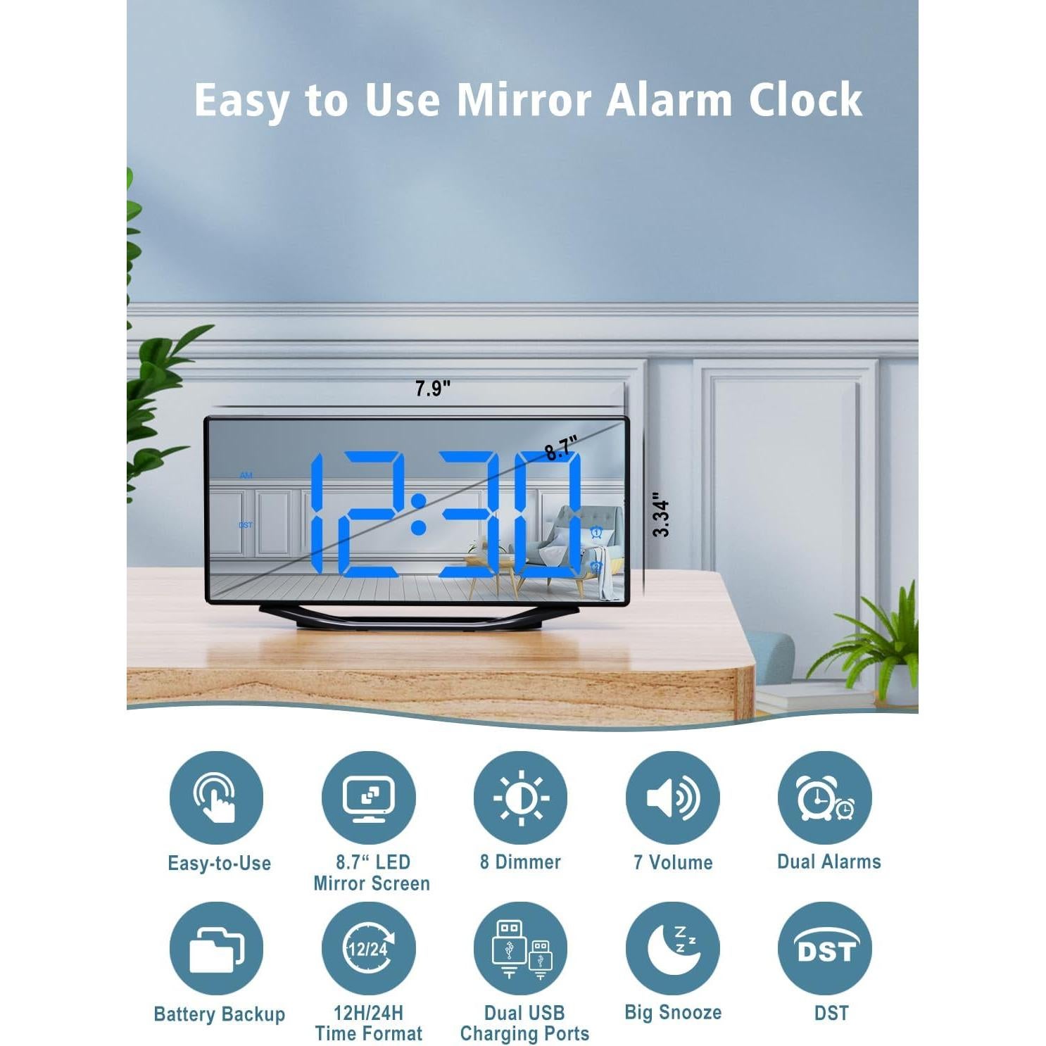 Reloj Despertador Digital PPLEE Espejo 22 cm 2 Alarmas USB