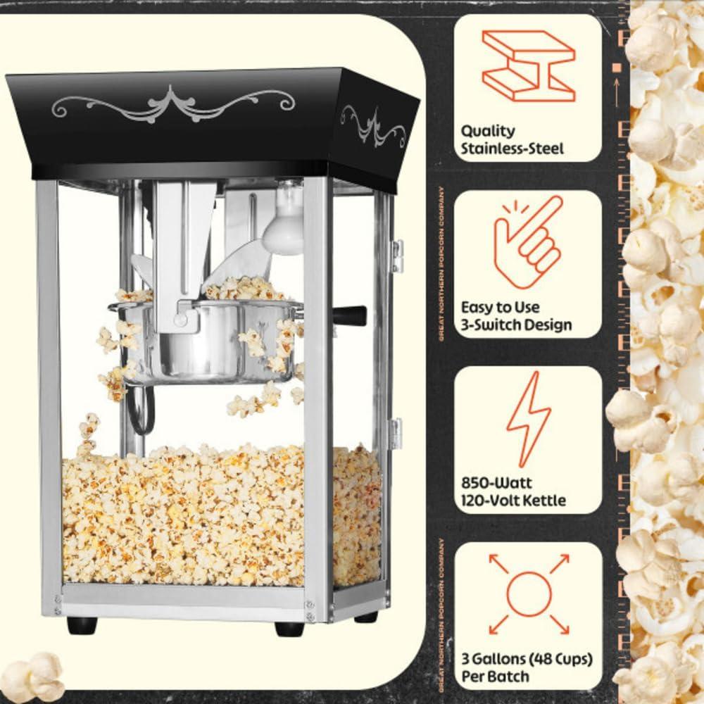 Matinee Popcorn Machine - 8oz Popper with Stainless-Steel Kettle, Reject Kernel Tray, Warming Light, and Accessories by Great Northern Popcorn (Black)