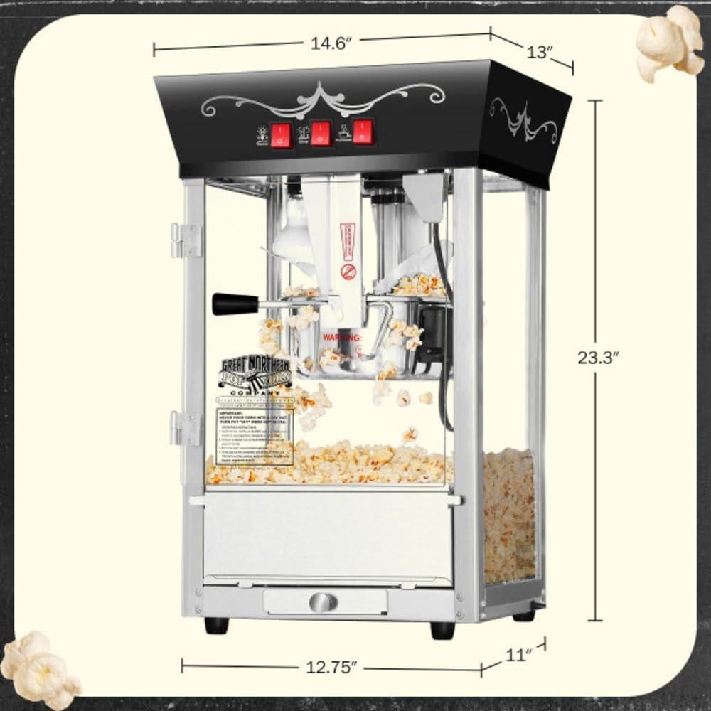 Matinee Popcorn Machine - 8oz Popper with Stainless-Steel Kettle, Reject Kernel Tray, Warming Light, and Accessories by Great Northern Popcorn (Black)
