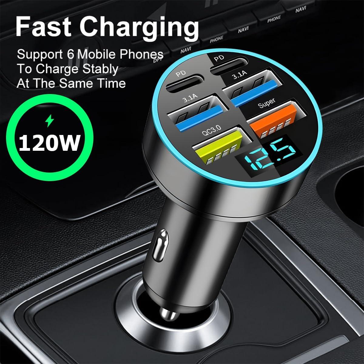 Cargador de Auto Moioee 66W USB 6 en 1 con Monitor