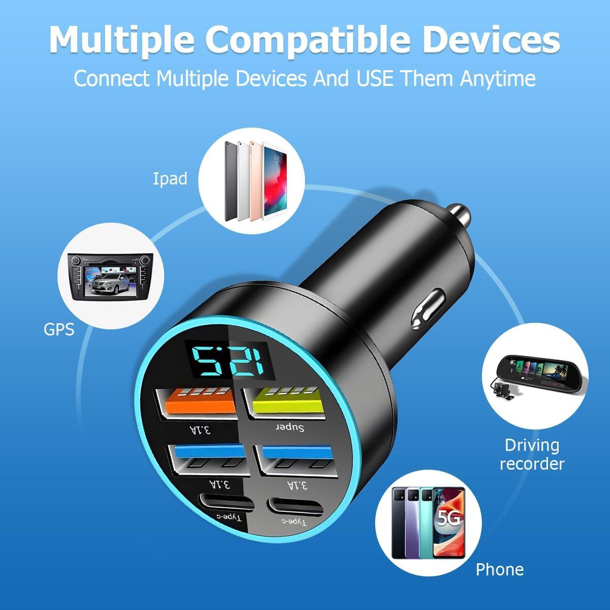 Cargador de Auto Moioee 66W USB 6 en 1 con Monitor