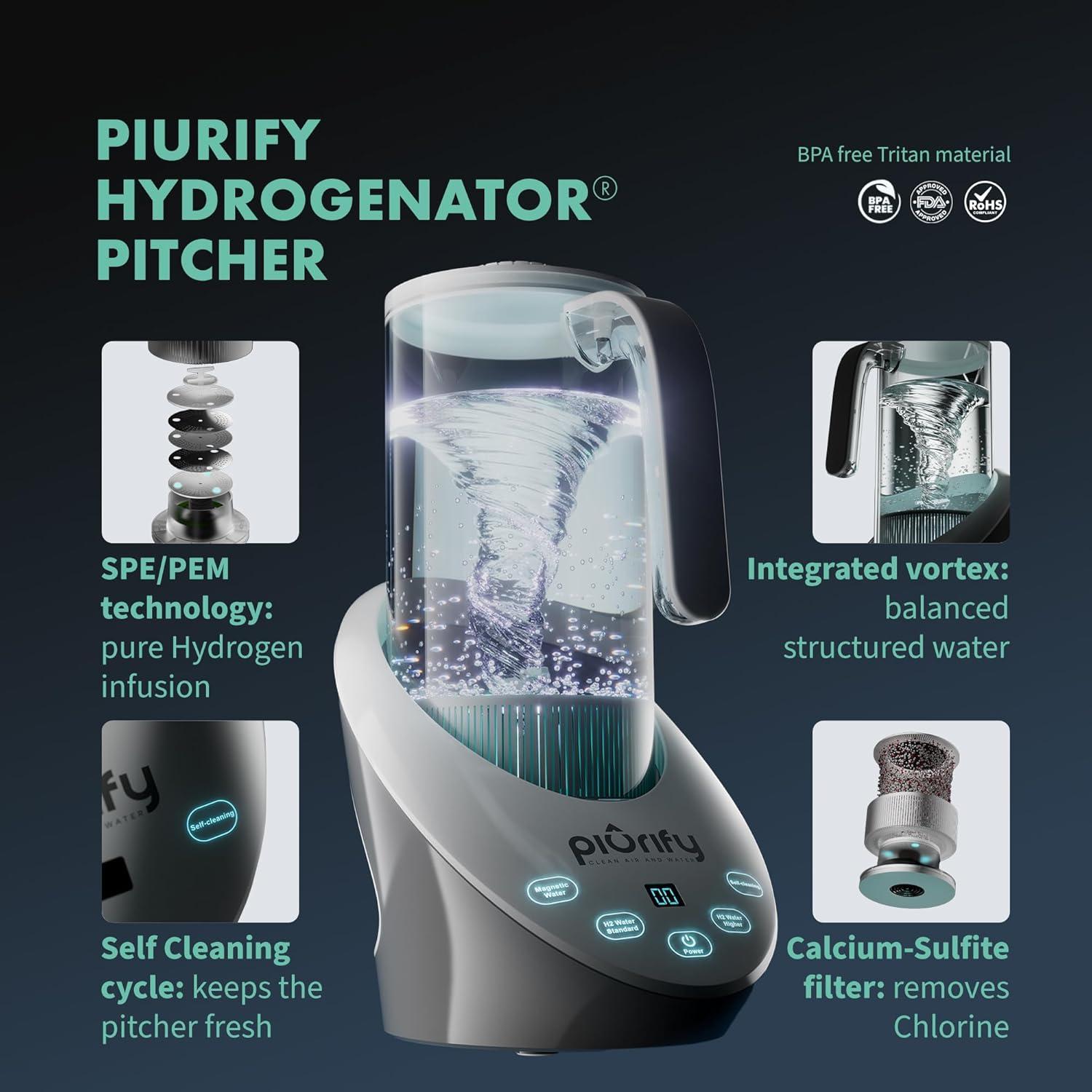 Jarra de Agua Hidrógeno Piurify 1.5L - BPA Free y Autolimpieza