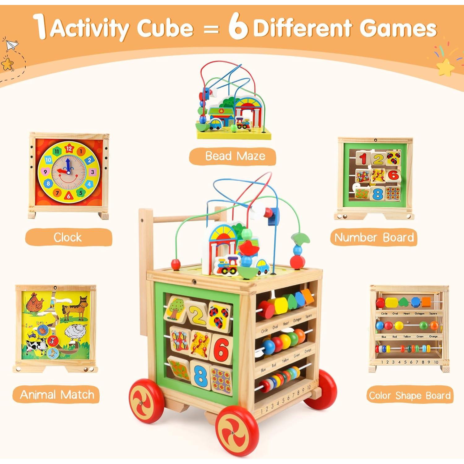 Cubo de Actividad de Madera Qichao 6 en 1 Juguete Educativo