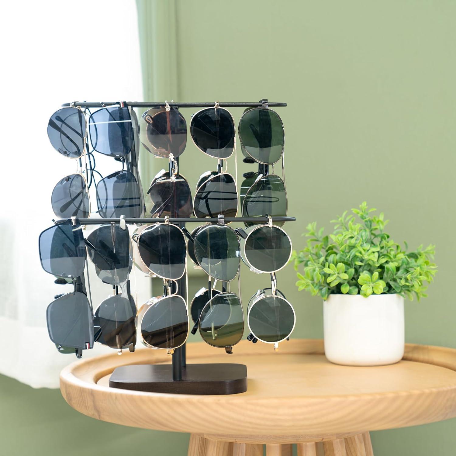 Organizador de Gafas Mkono 24 Pares 2 Niveles Metal y Madera Negro