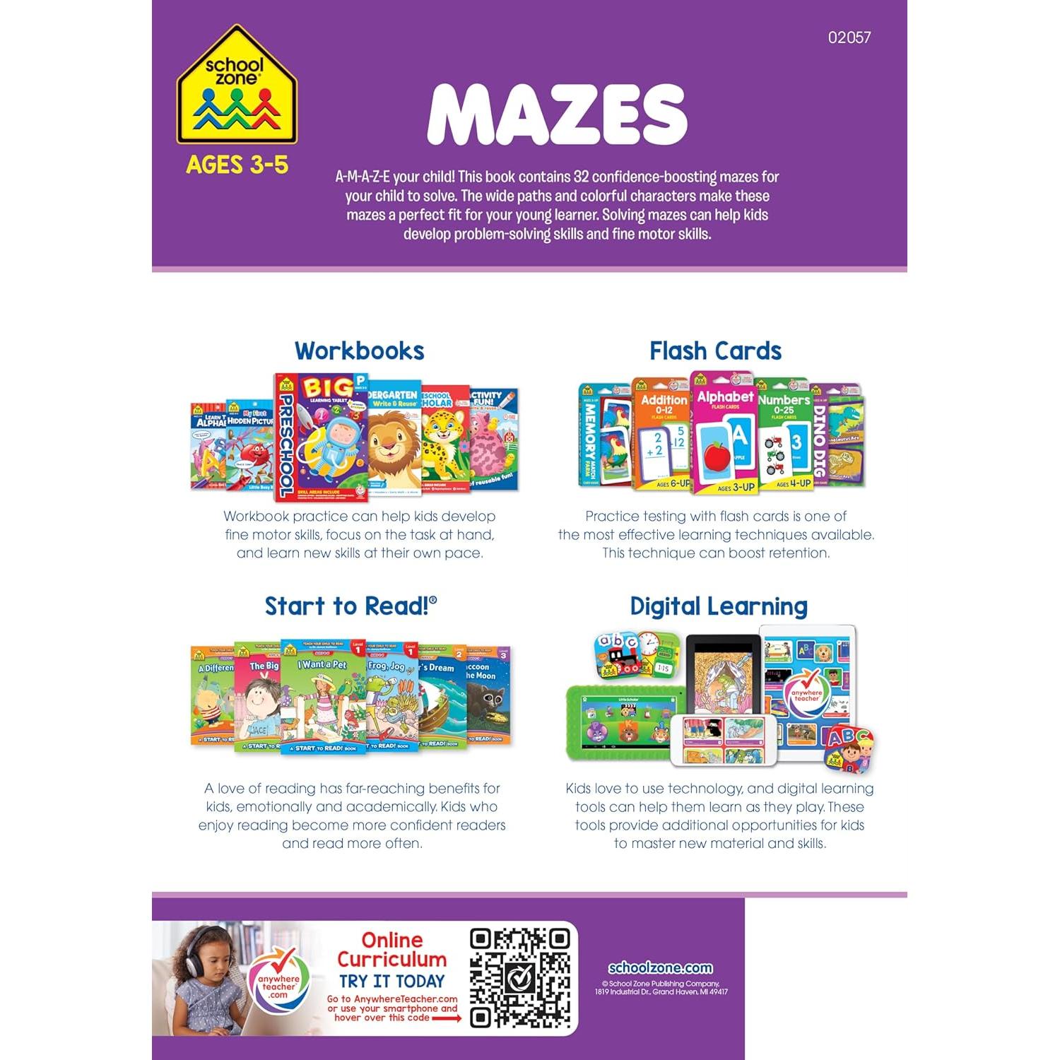 School Zone Mazes Workbook: 32 Pages, Preschool, Kindergarten, Maze Puzzles, Wide Paths, Colorful Pictures, Problem-Solving, Ages 3 to 5 (Get Ready! Book Series)