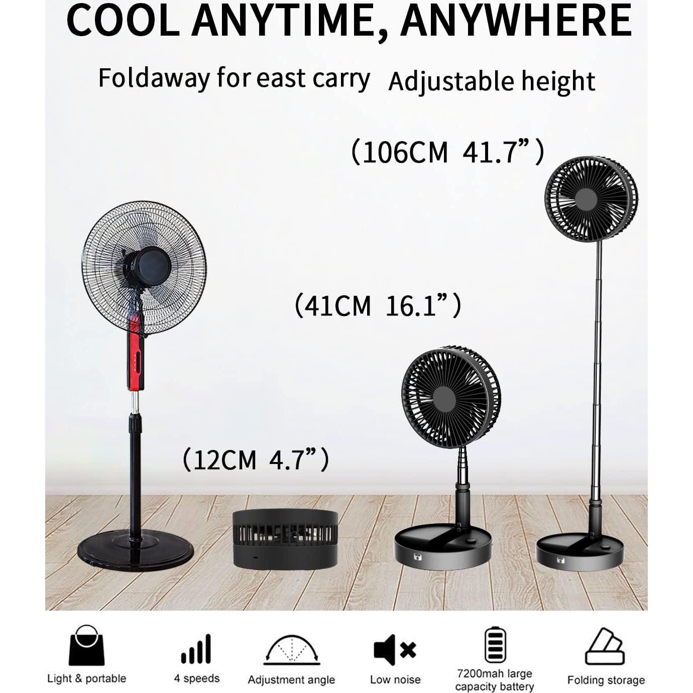 UN UNITEDTIME Portable fan, My Foldaway Travel fan with remote Control Timer, Battery Operated or USB Powered,Adjustable Height Foldable, 4 Speed Settings (Black)