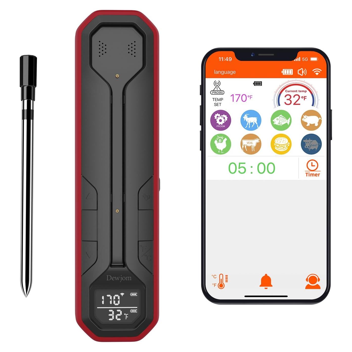 Termómetro de Carne Inalámbrico Dewjom - Digital con Sonda - 152.4m