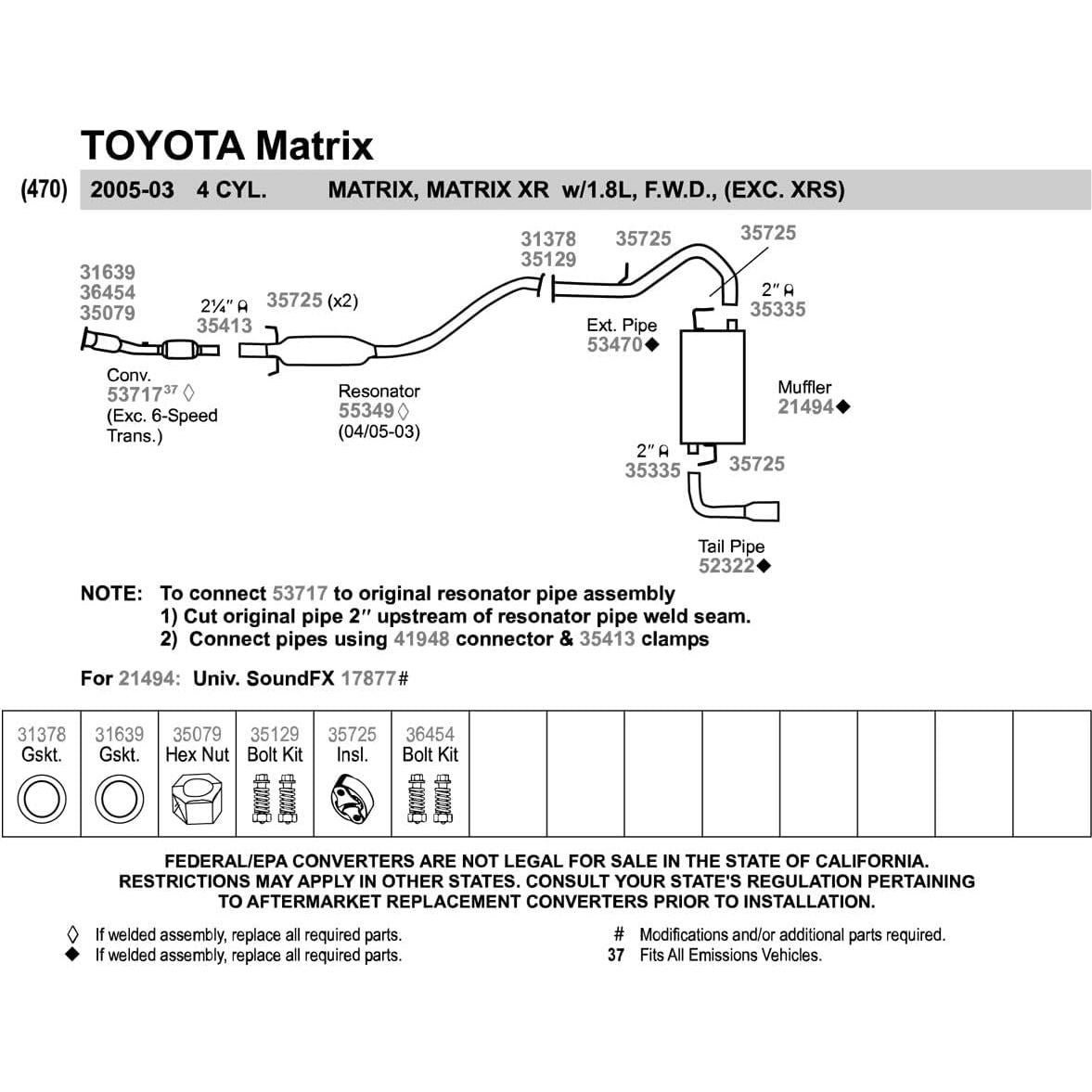 Resonador Walker 55349 para Toyota Corolla y Matrix 2003-2005