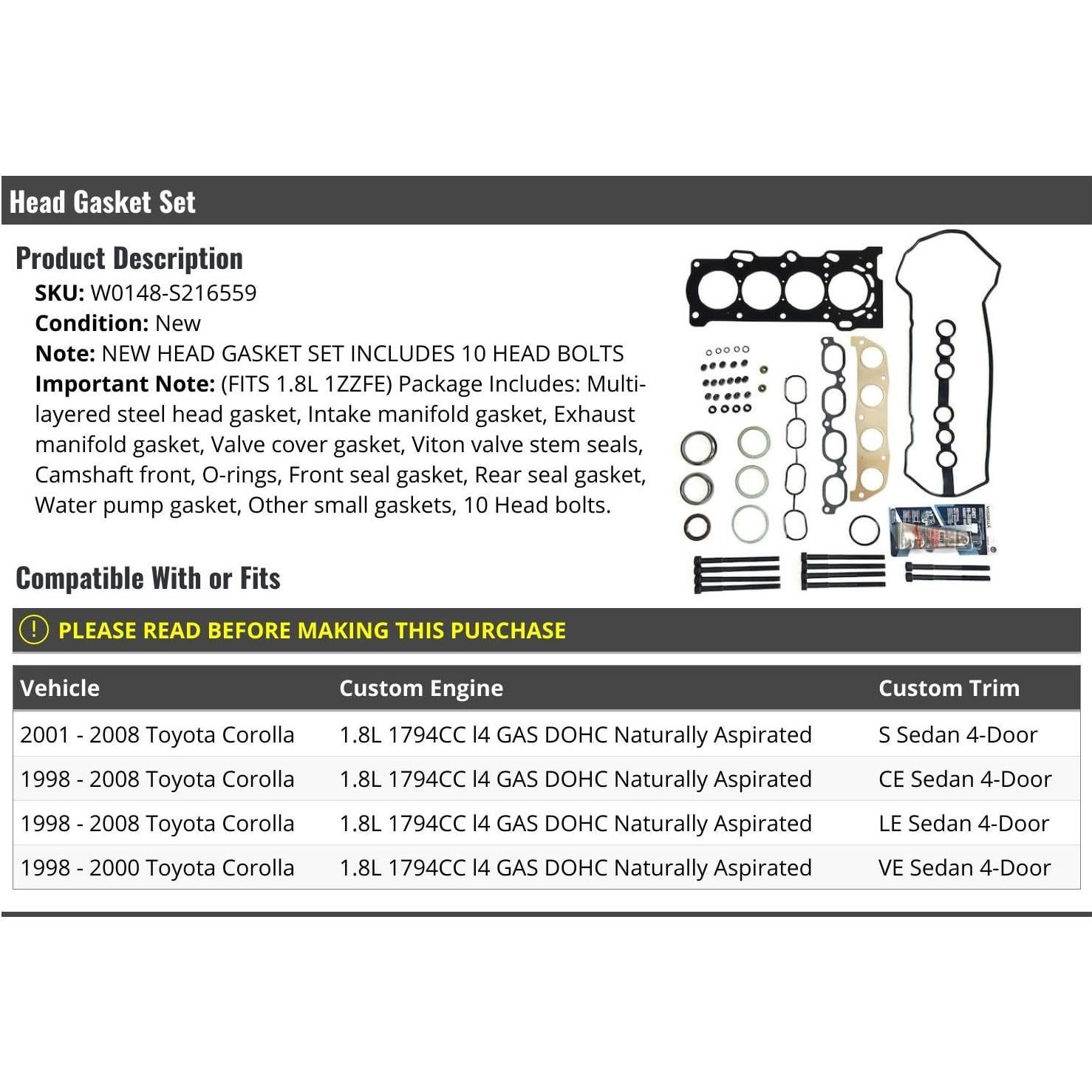 Juego de Junta de Culata Toyota Corolla 1998-2008 1.8L