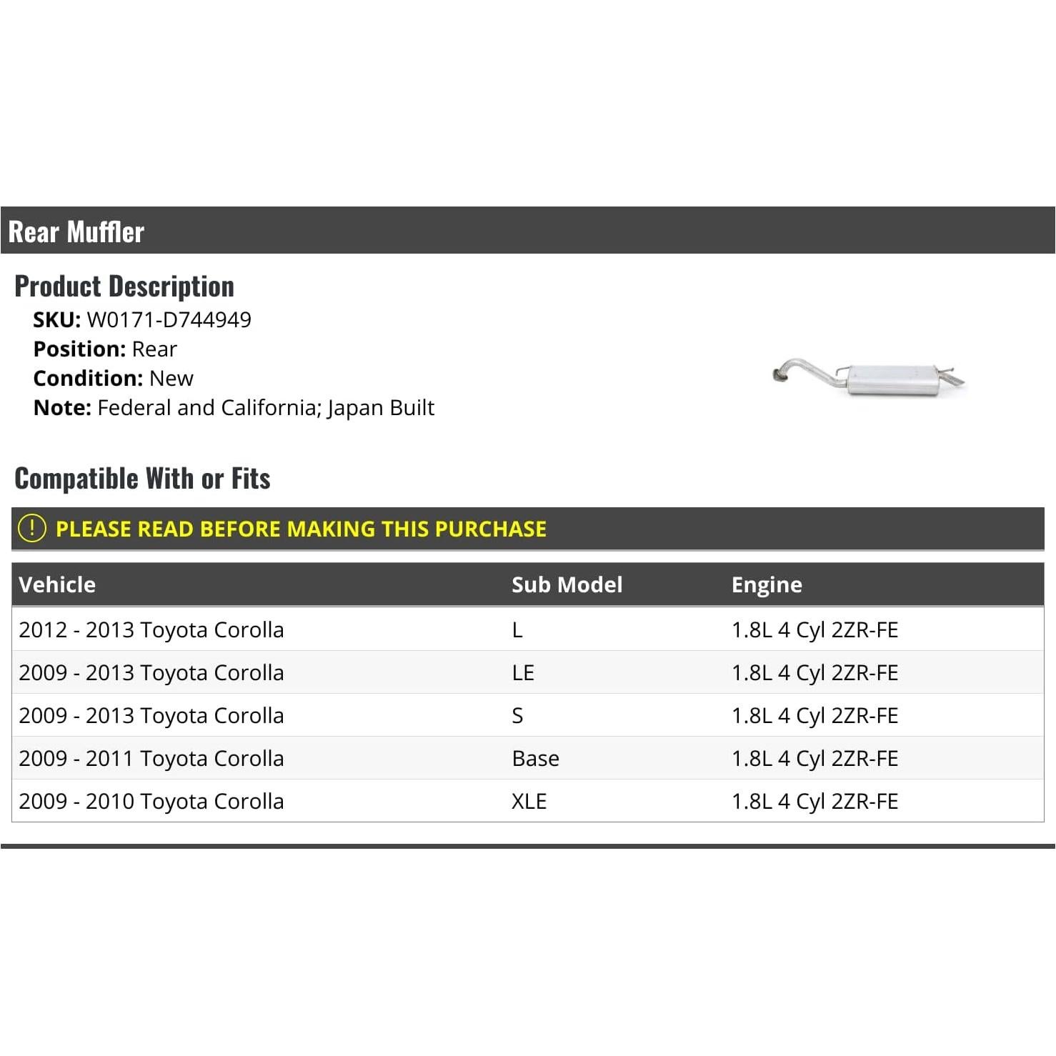 Silenciador Trasero Toyota Corolla 2009-2013 1.8L 4 Cilindros