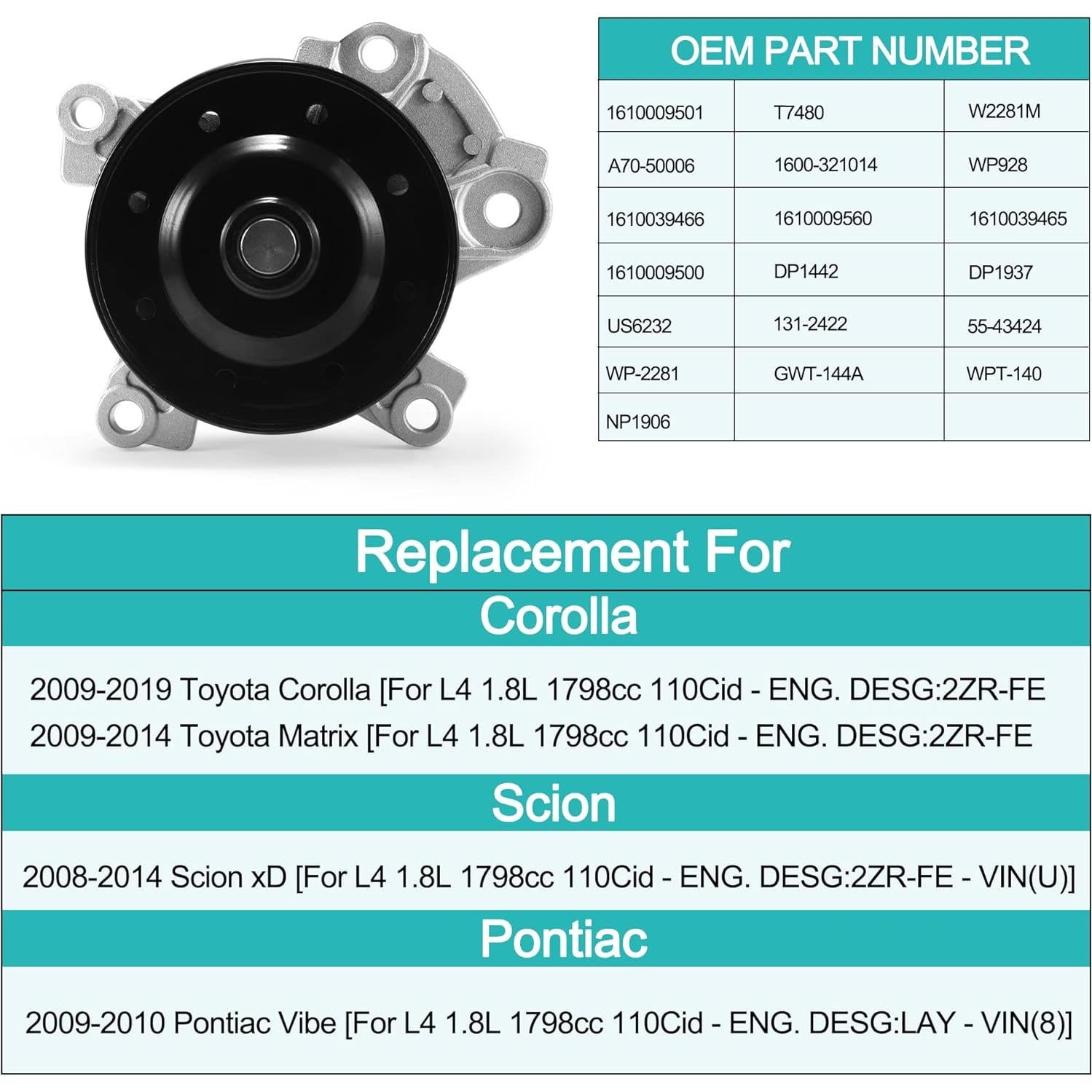 Bomba de Agua AULINK AW6351 para Toyota Corolla 1.8L 2009-2019