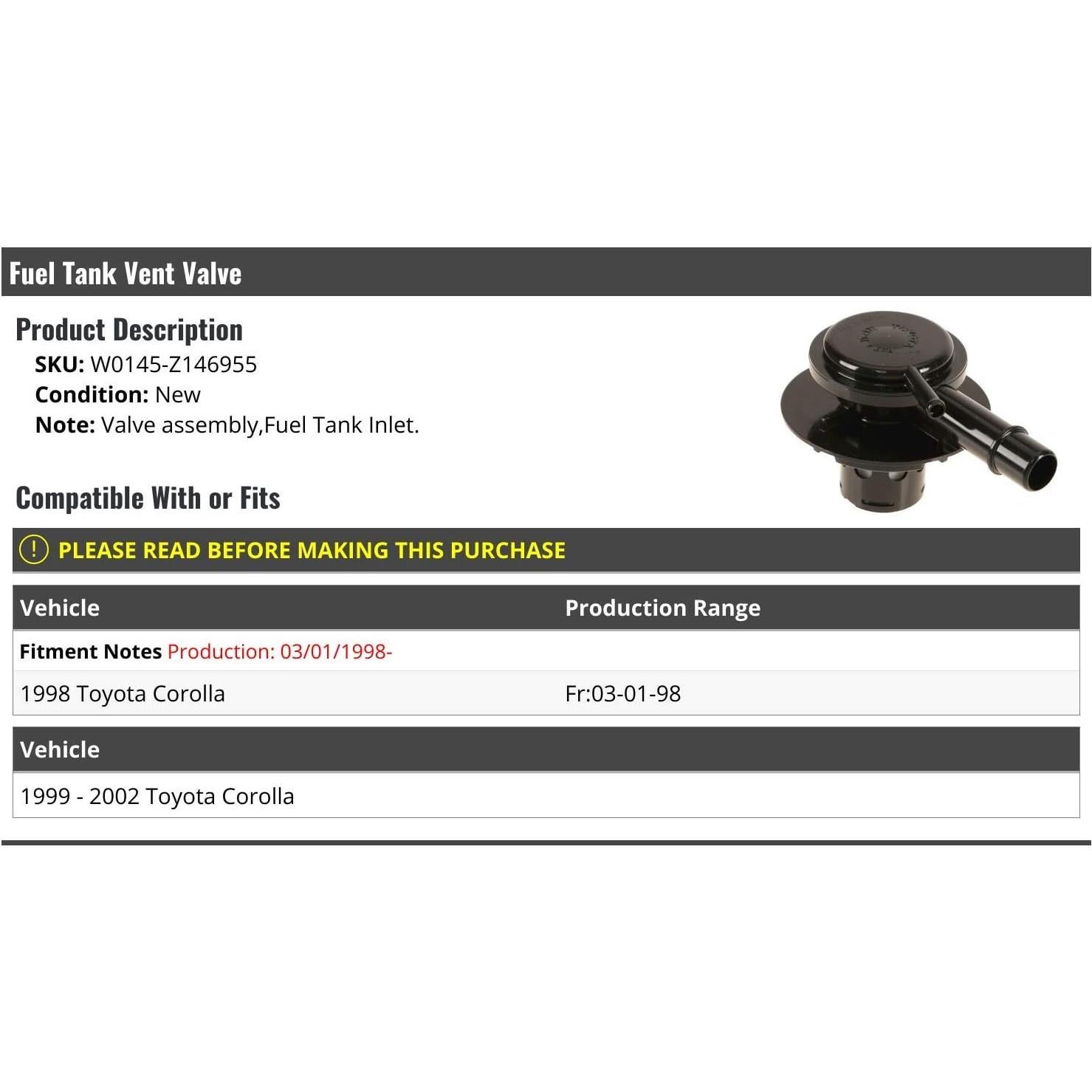 Válvula de Ventilación Tanque Combustible Toyota Corolla 1998-2002