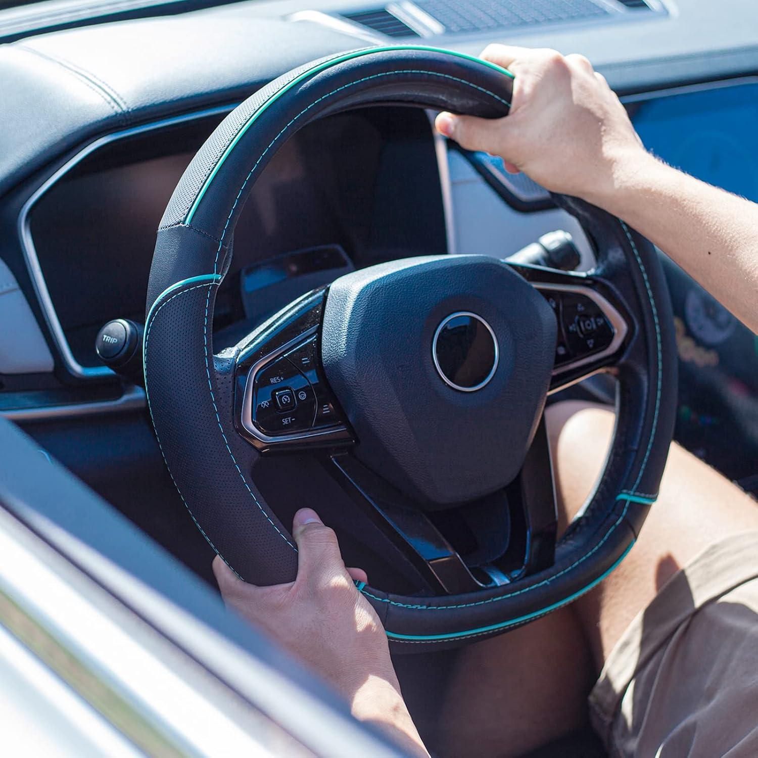 Cubierta de Volante de Cuero Car Pass 35-38 cm Negro y Menta