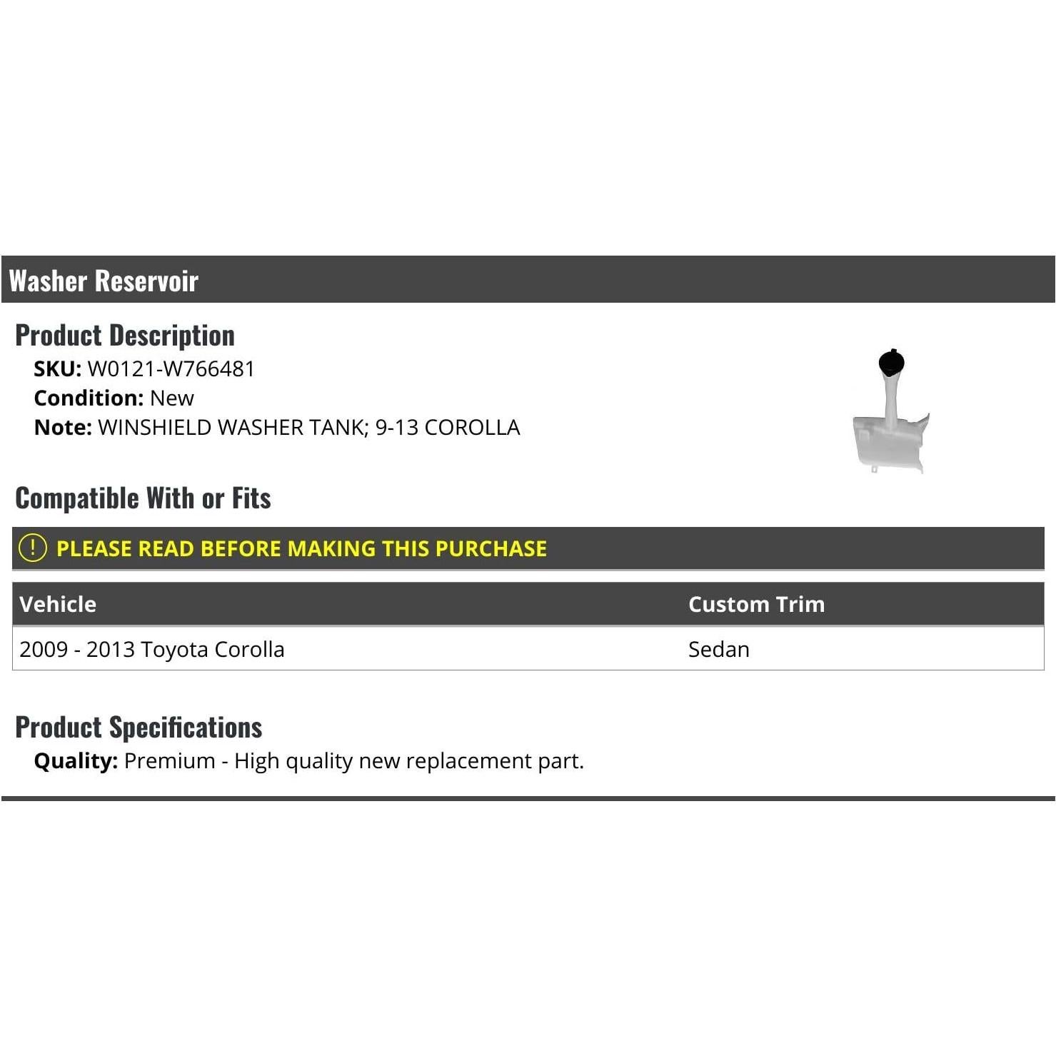 Tanque de Lavaparabrisas Premium Marketplace Auto Parts Toyota Corolla 2009-2013