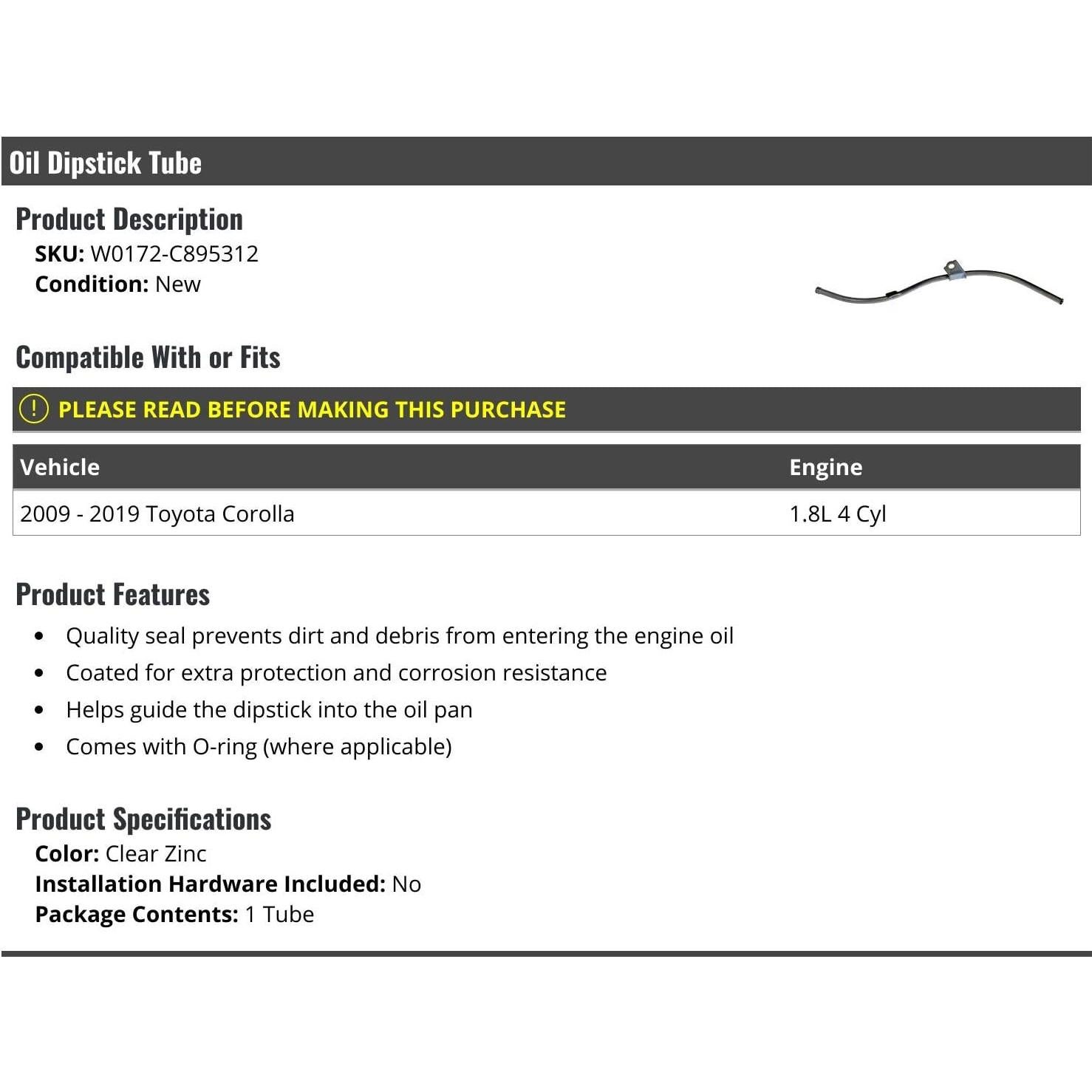 Tubo de varilla de aceite Marketplace Auto Parts Toyota Corolla 1.8L 2009-2019