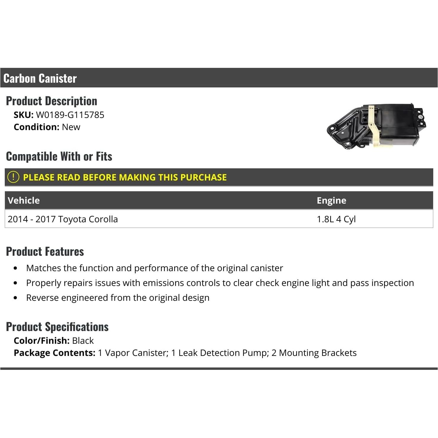 Canister de Carbono Toyota Corolla 2014-2017 1.8L Reemplazo