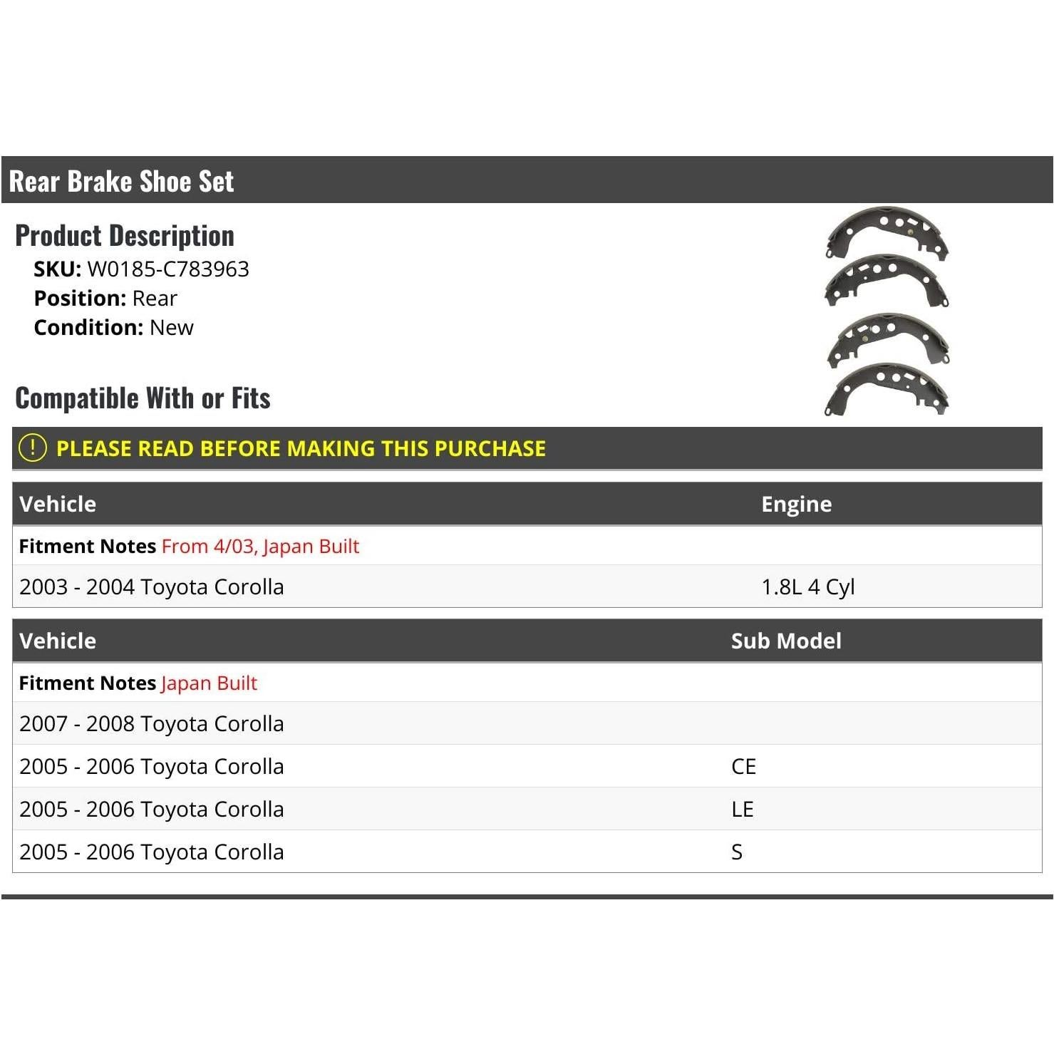 Zapato de Freno Trasero Toyota Corolla 2003-2008 - 4 Piezas